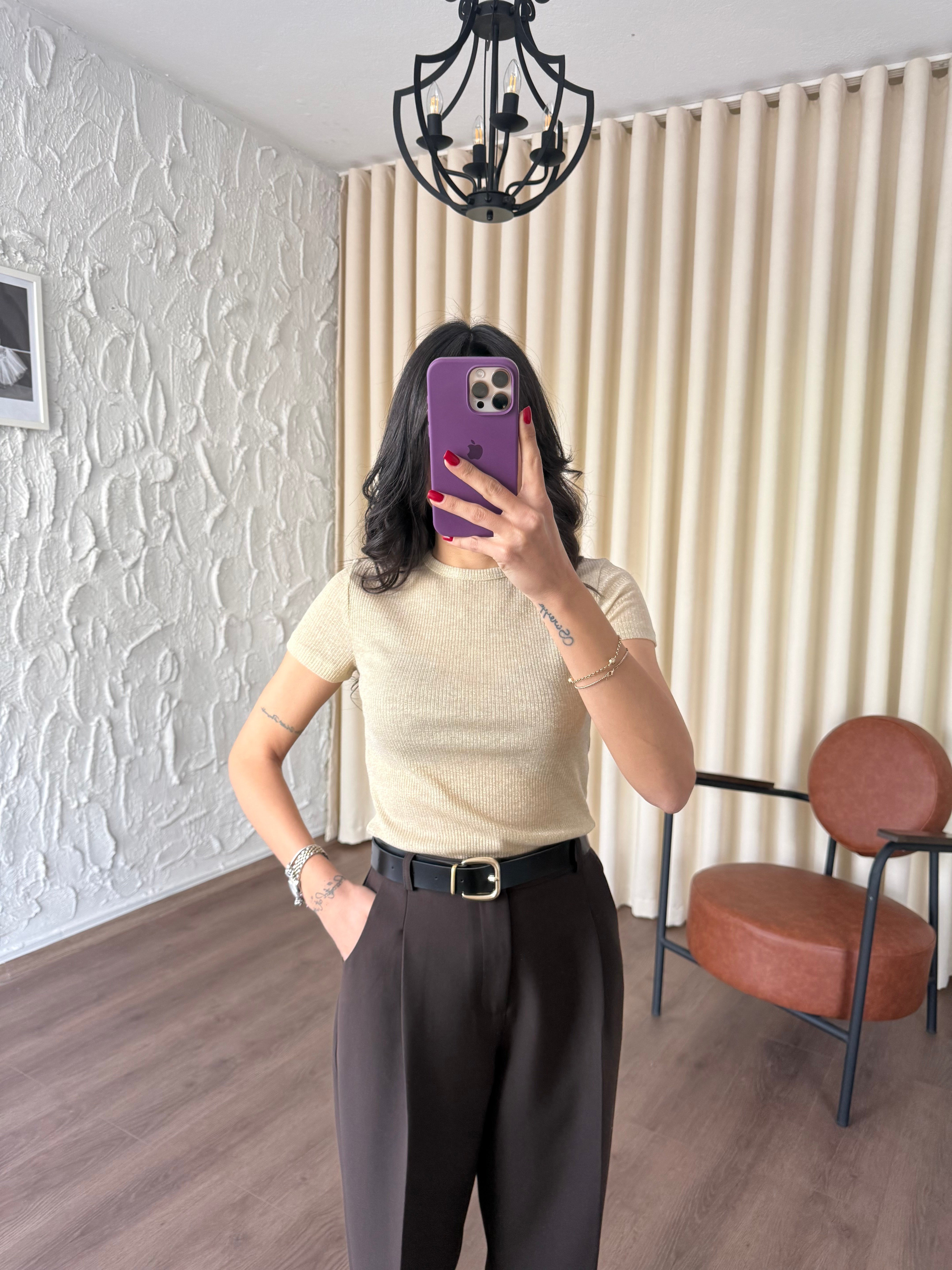 Bisiklet Yaka Simli Bej Tshirt