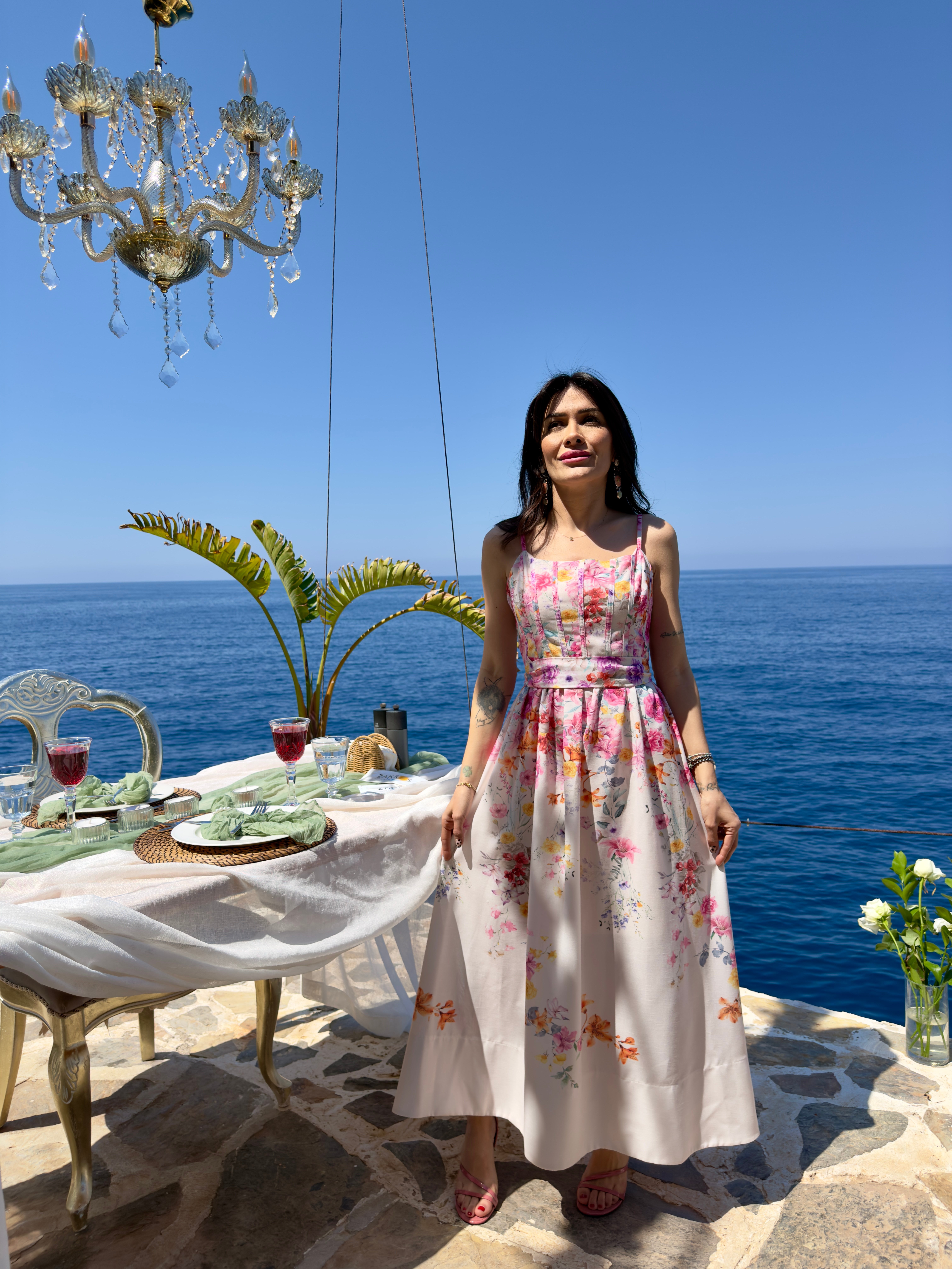 Biyeli Floral Desenli Pembe Keten Elbise