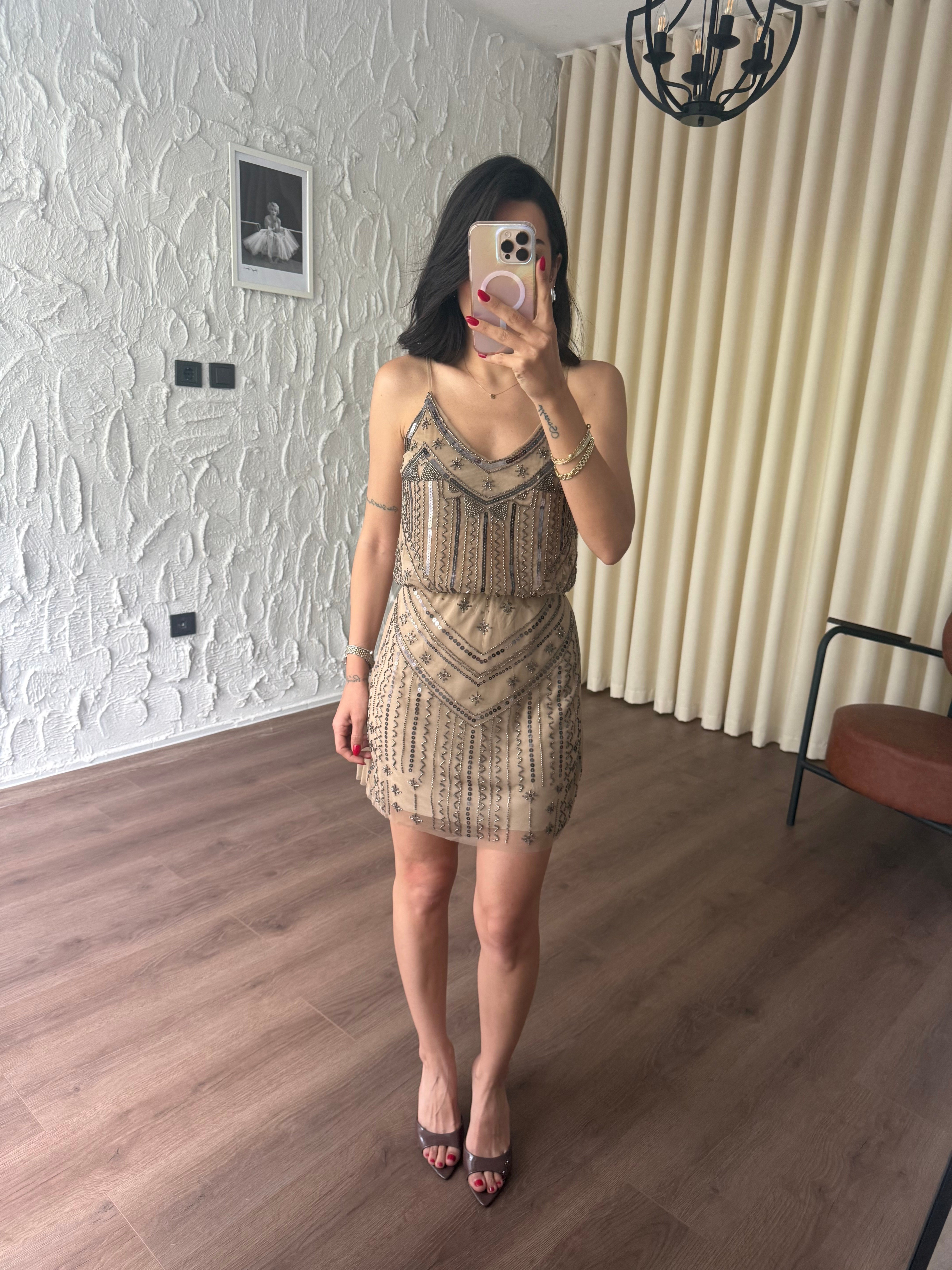 Boncuk İşleme Bej Tül Bluz