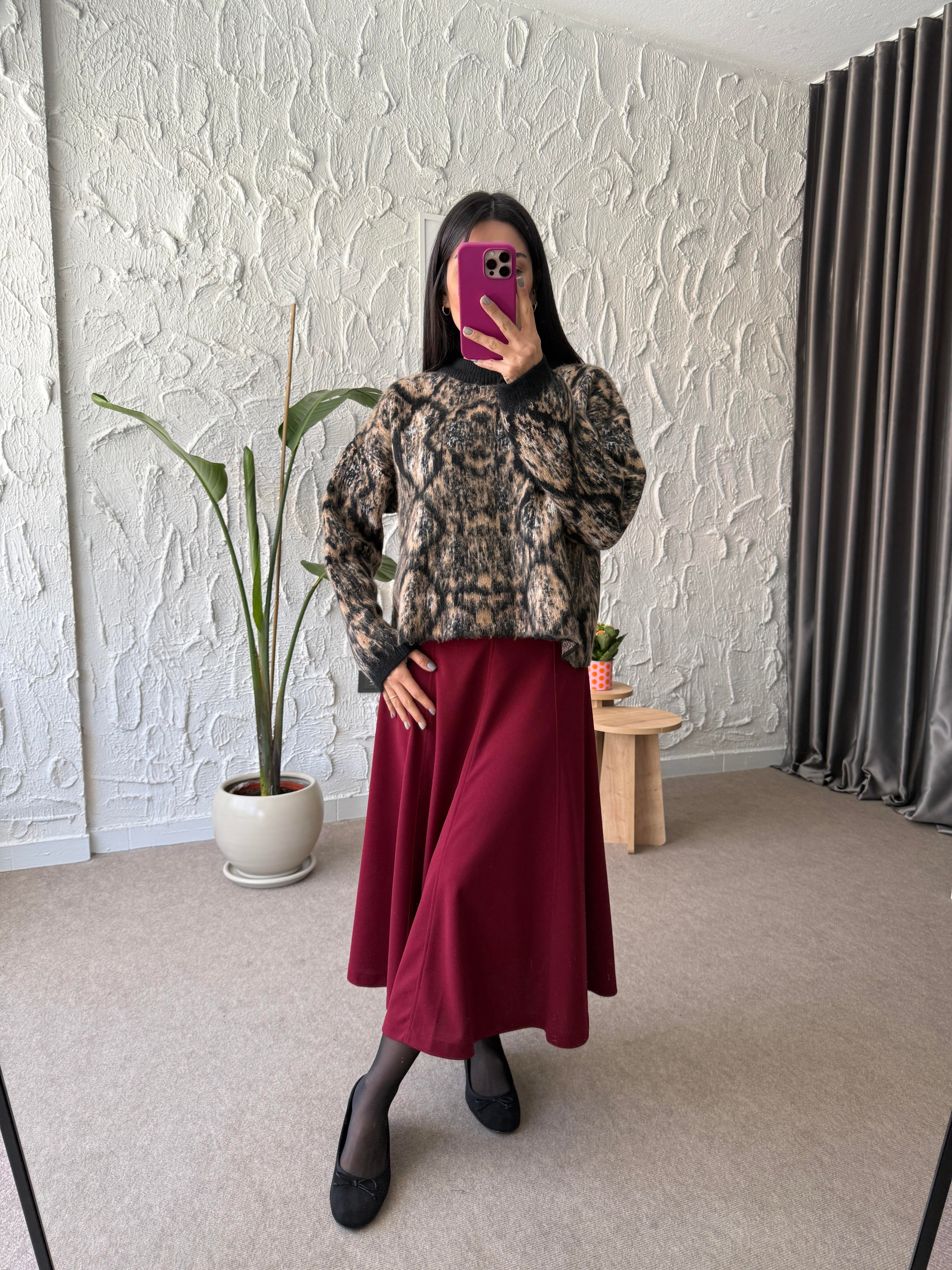 Bordo Çan Midi Etek