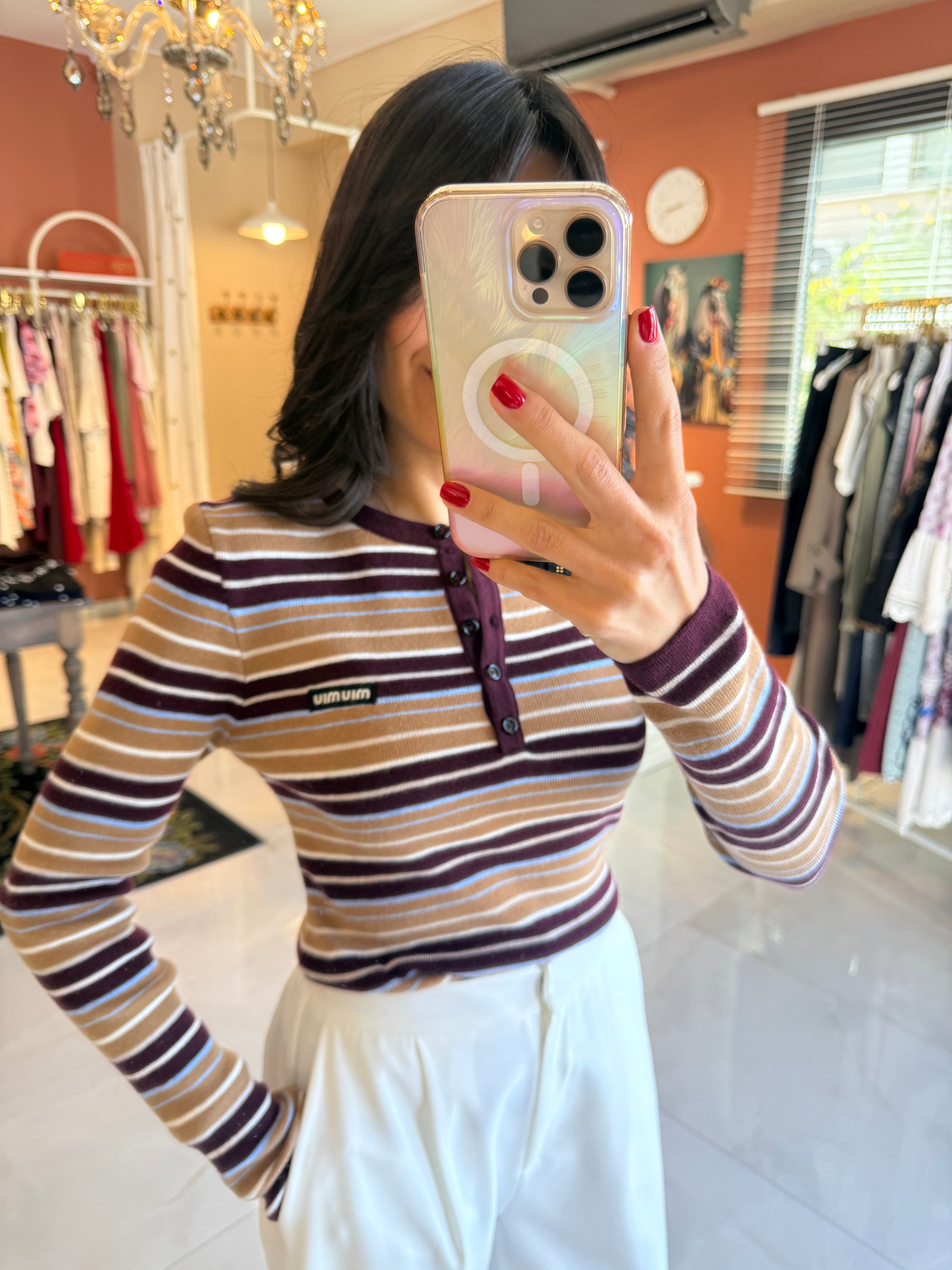 Bordo Çizgili Basic Triko