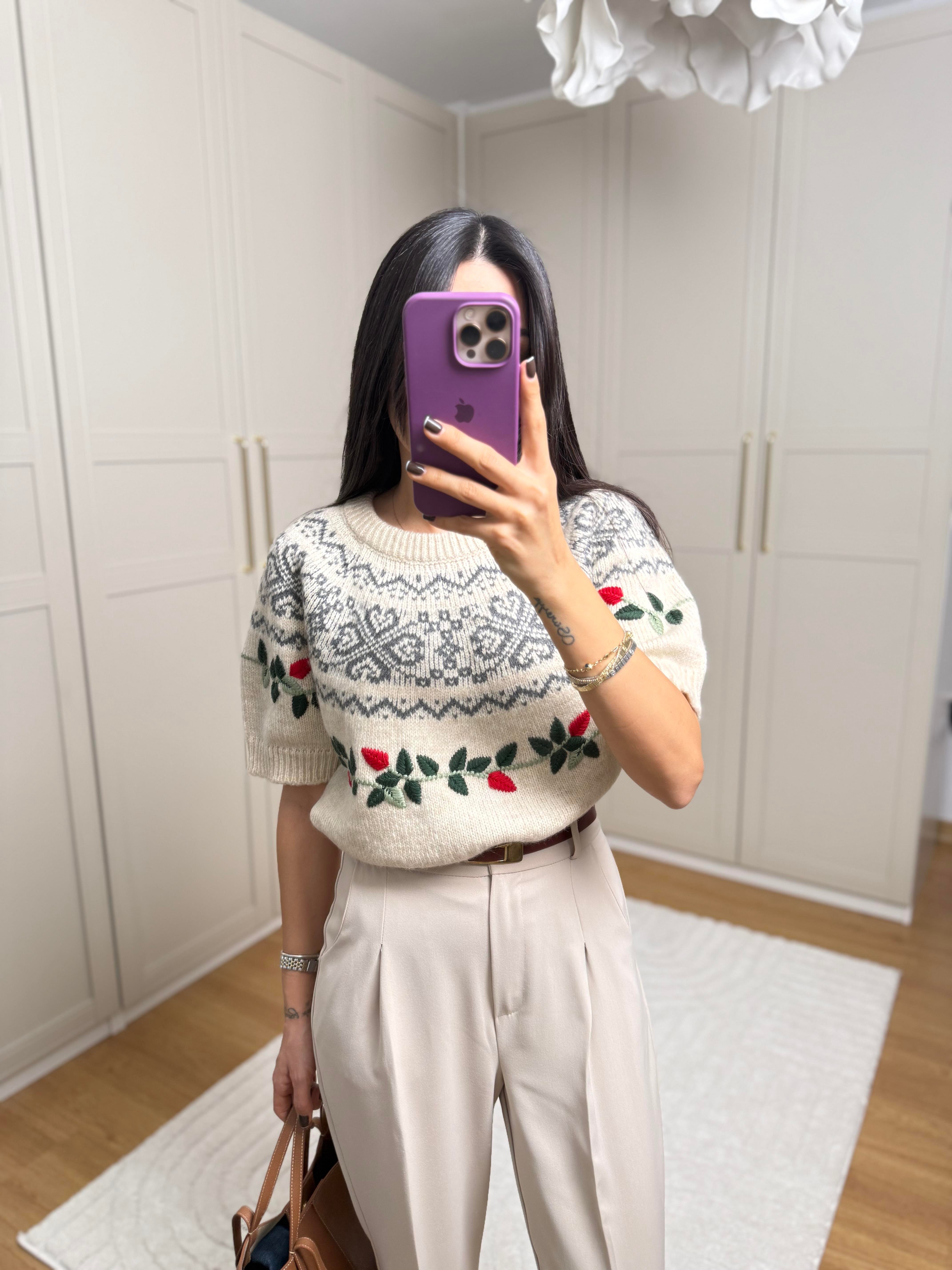 Boreal Nakış İşlemeli Ekru Triko