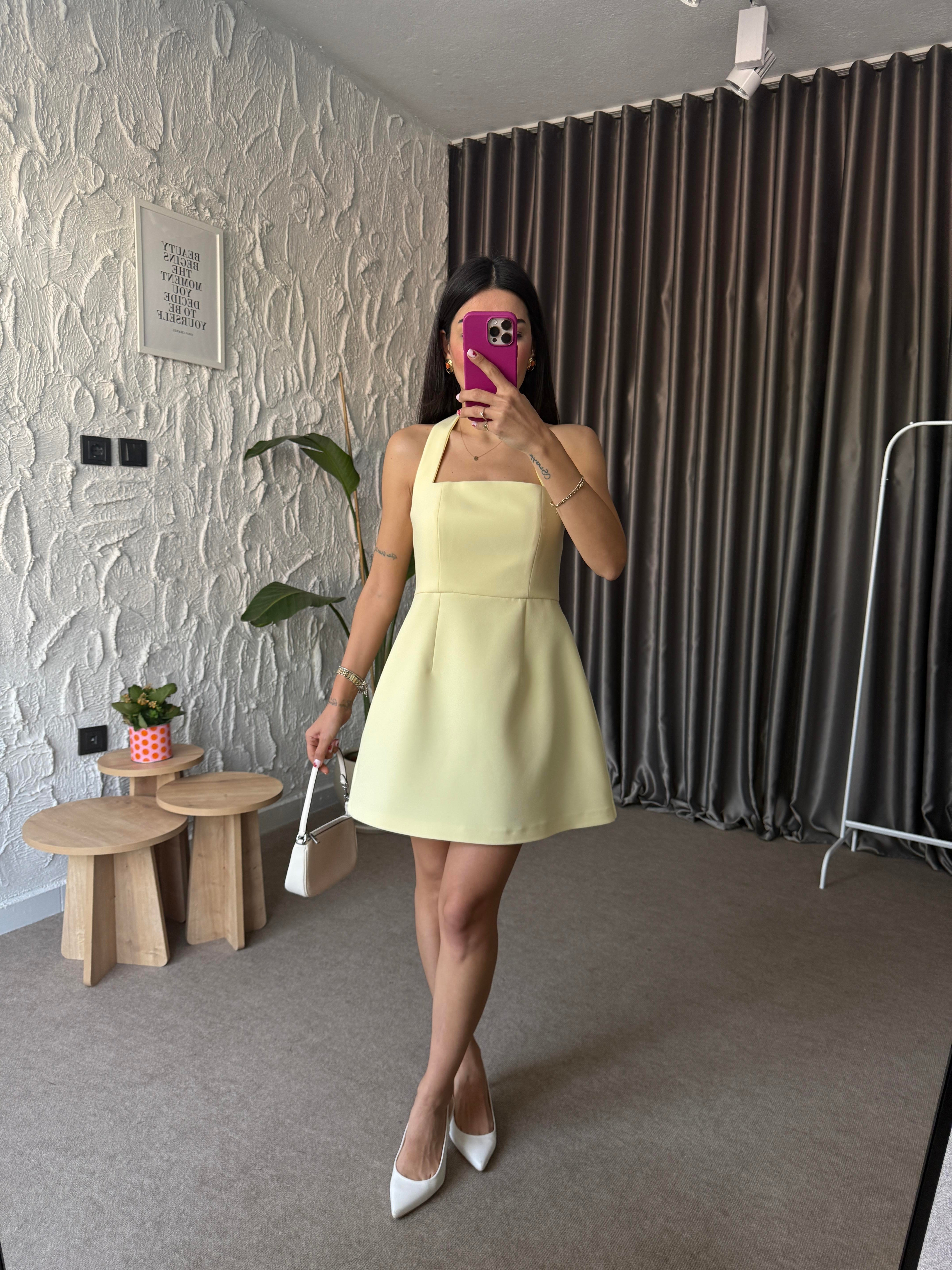 Boyundan Askılı Mini Elbise - Sarı