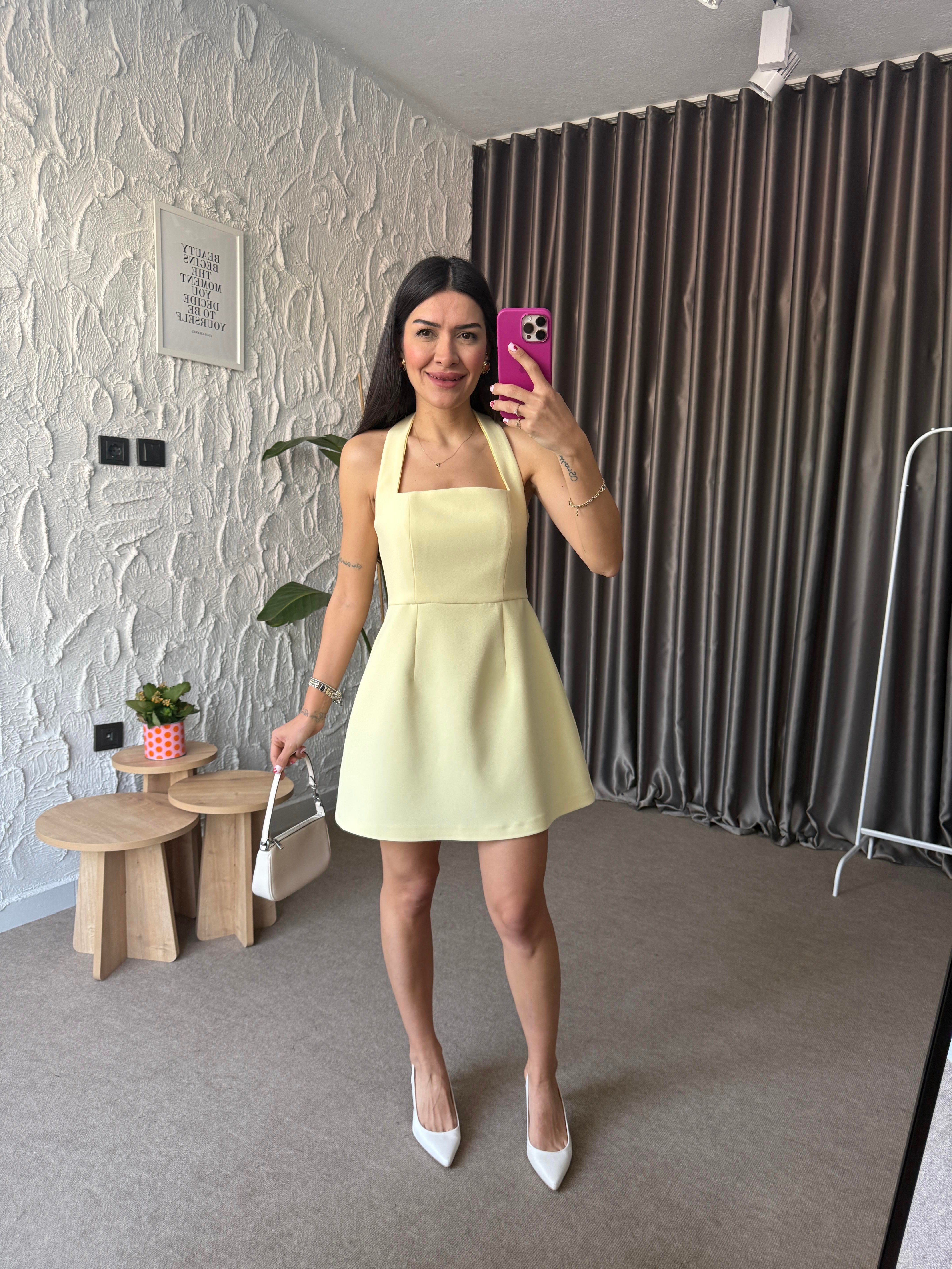 Boyundan Askılı Mini Elbise - Sarı