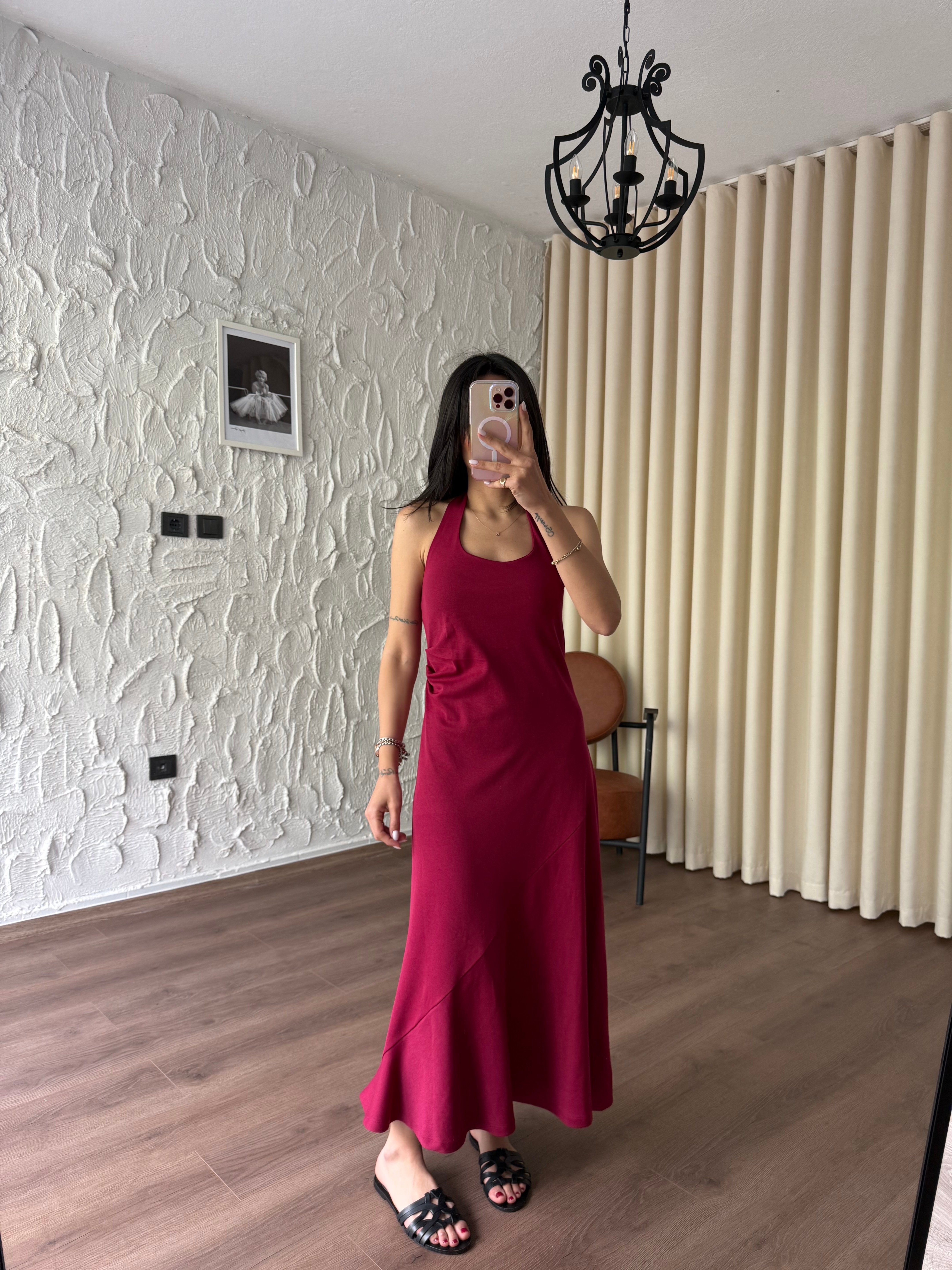 Boyundan Bağlamalı Parçalı Etek Model Bordo Elbise