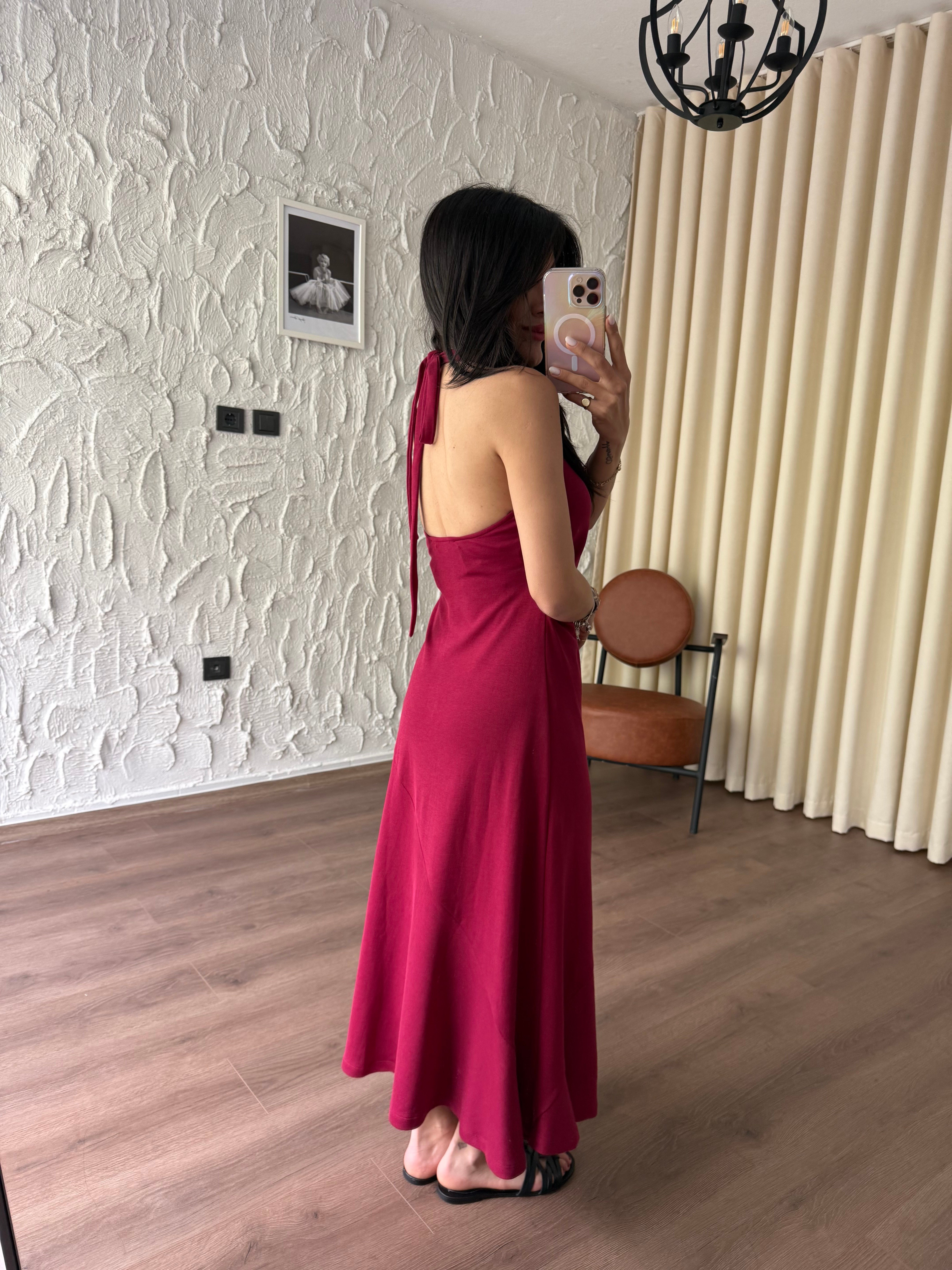Boyundan Bağlamalı Parçalı Etek Model Bordo Elbise
