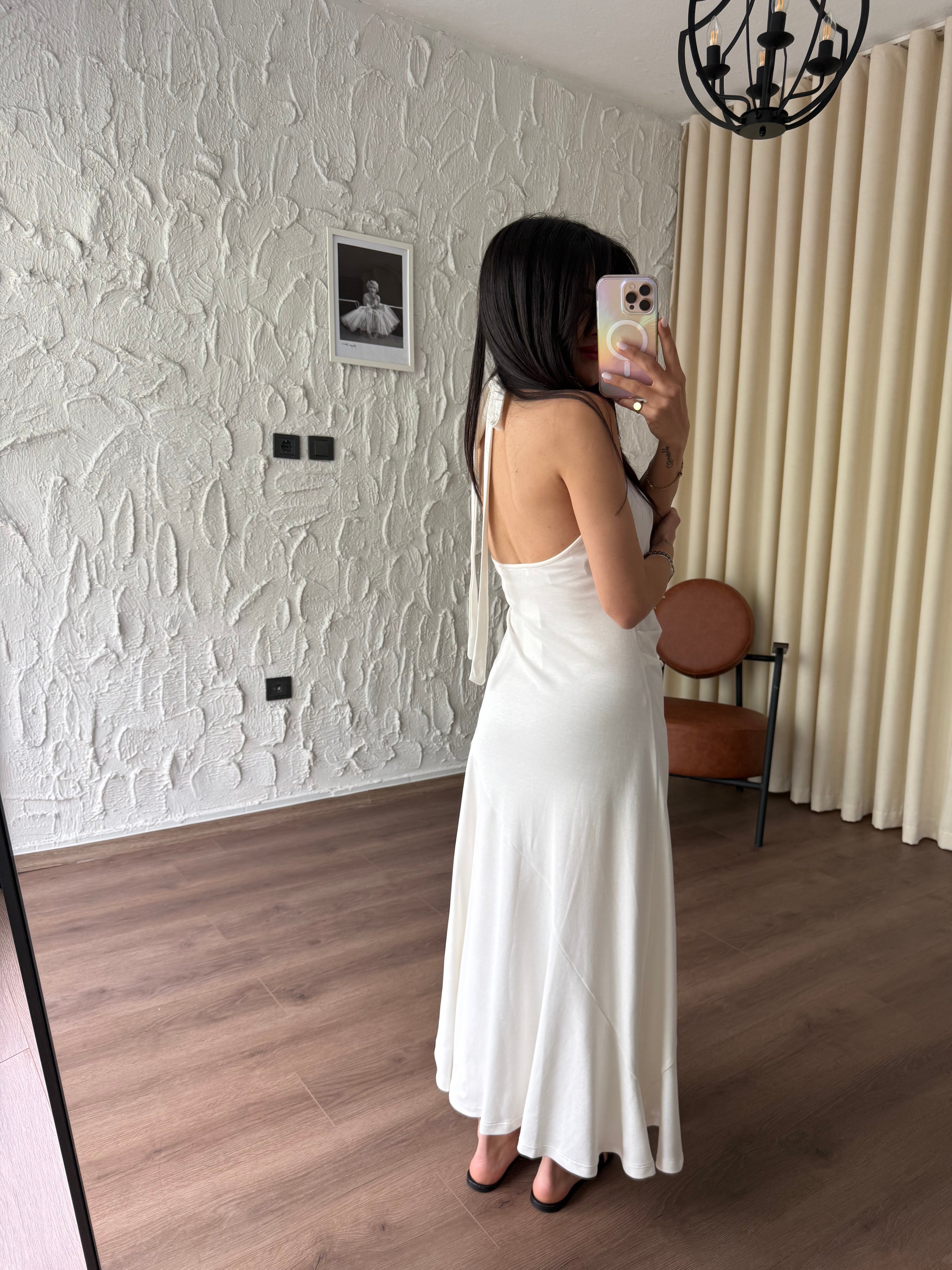 Boyundan Bağlamalı Parçalı Etek Model Ekru Elbise