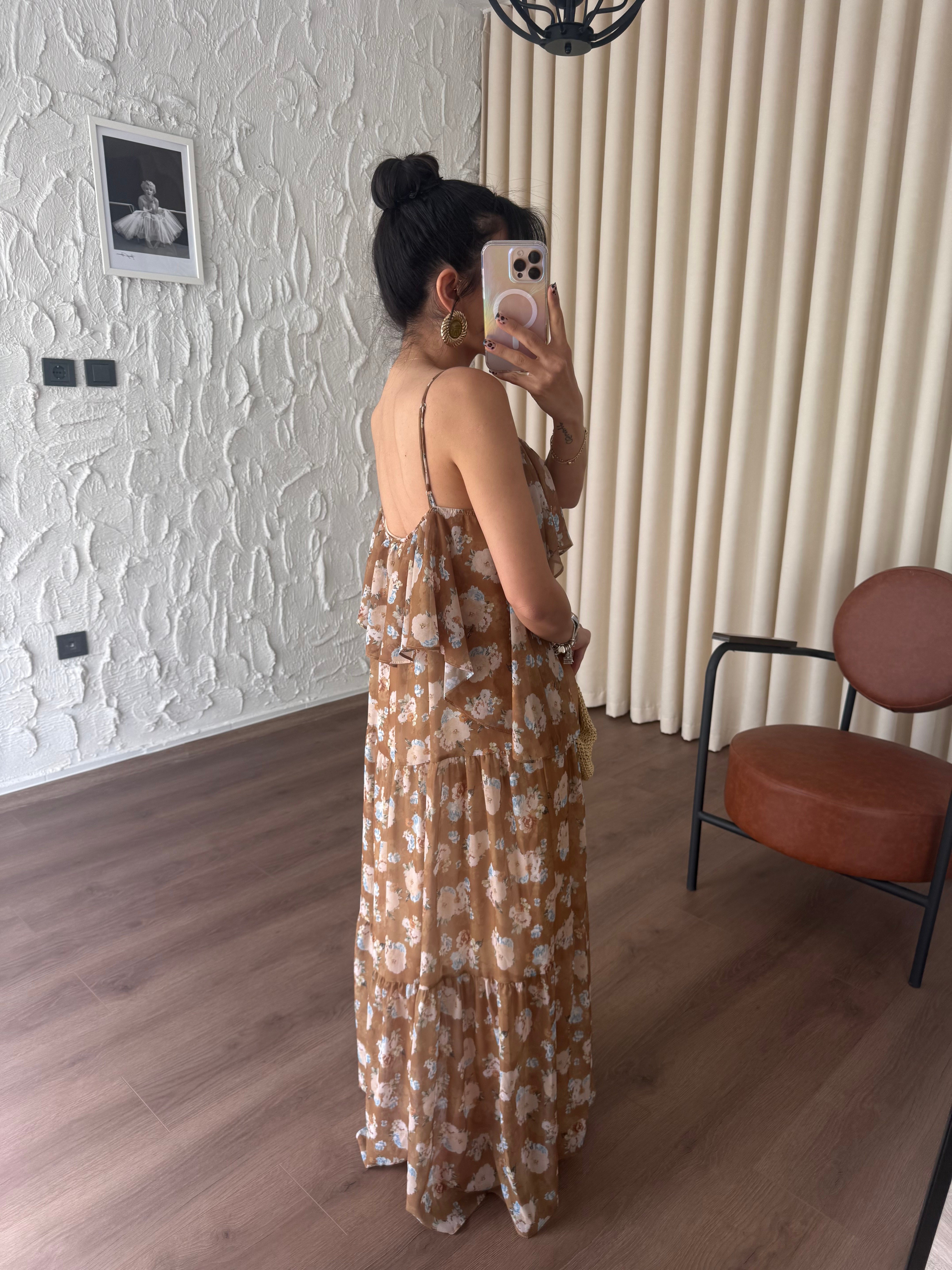 Çiçek Desenli Taba Şifon Elbise