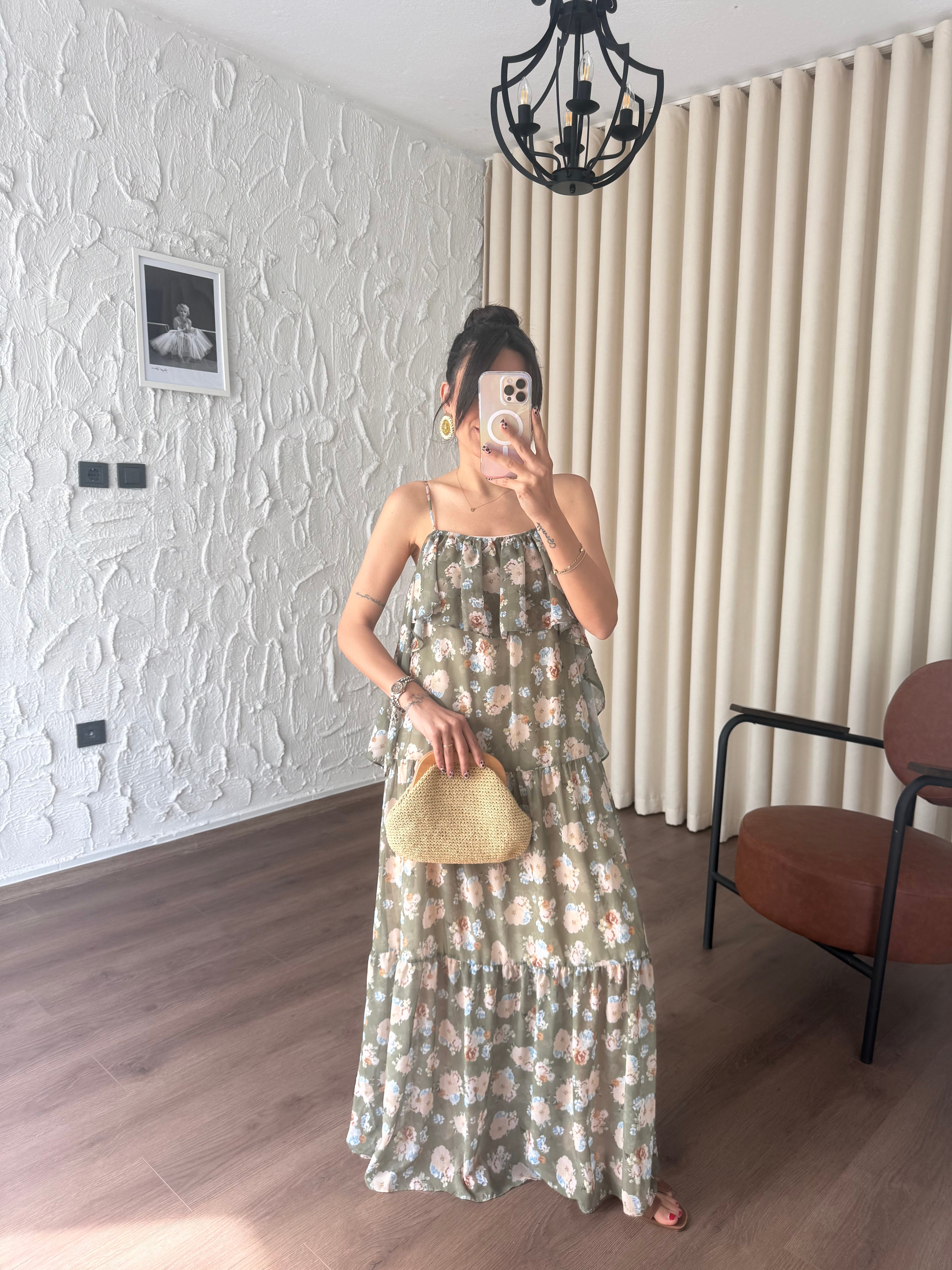 Çiçek Desenli Yeşil Şifon Elbise