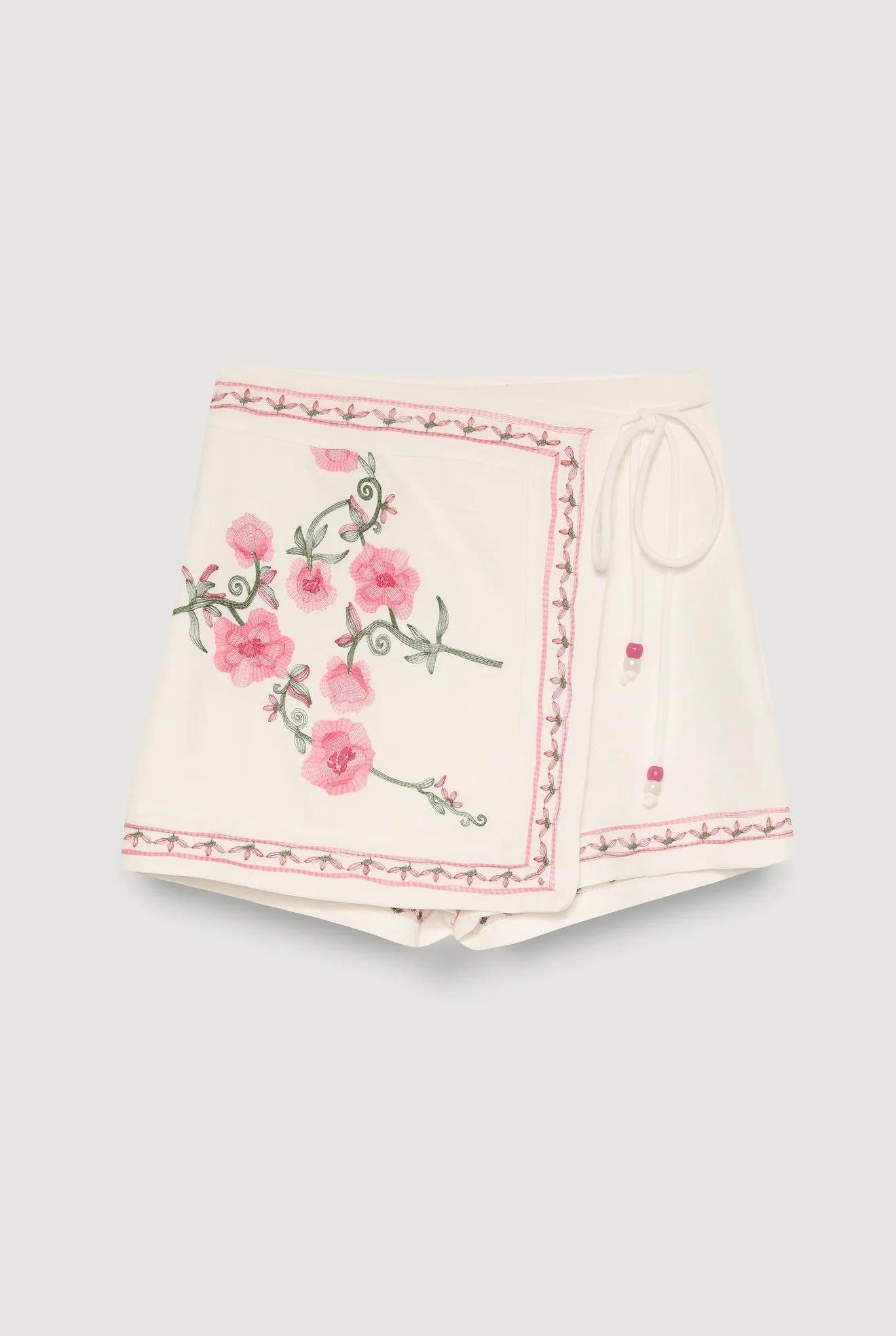 Çiçek Nakış İşlemeli Ekru Şort Etek