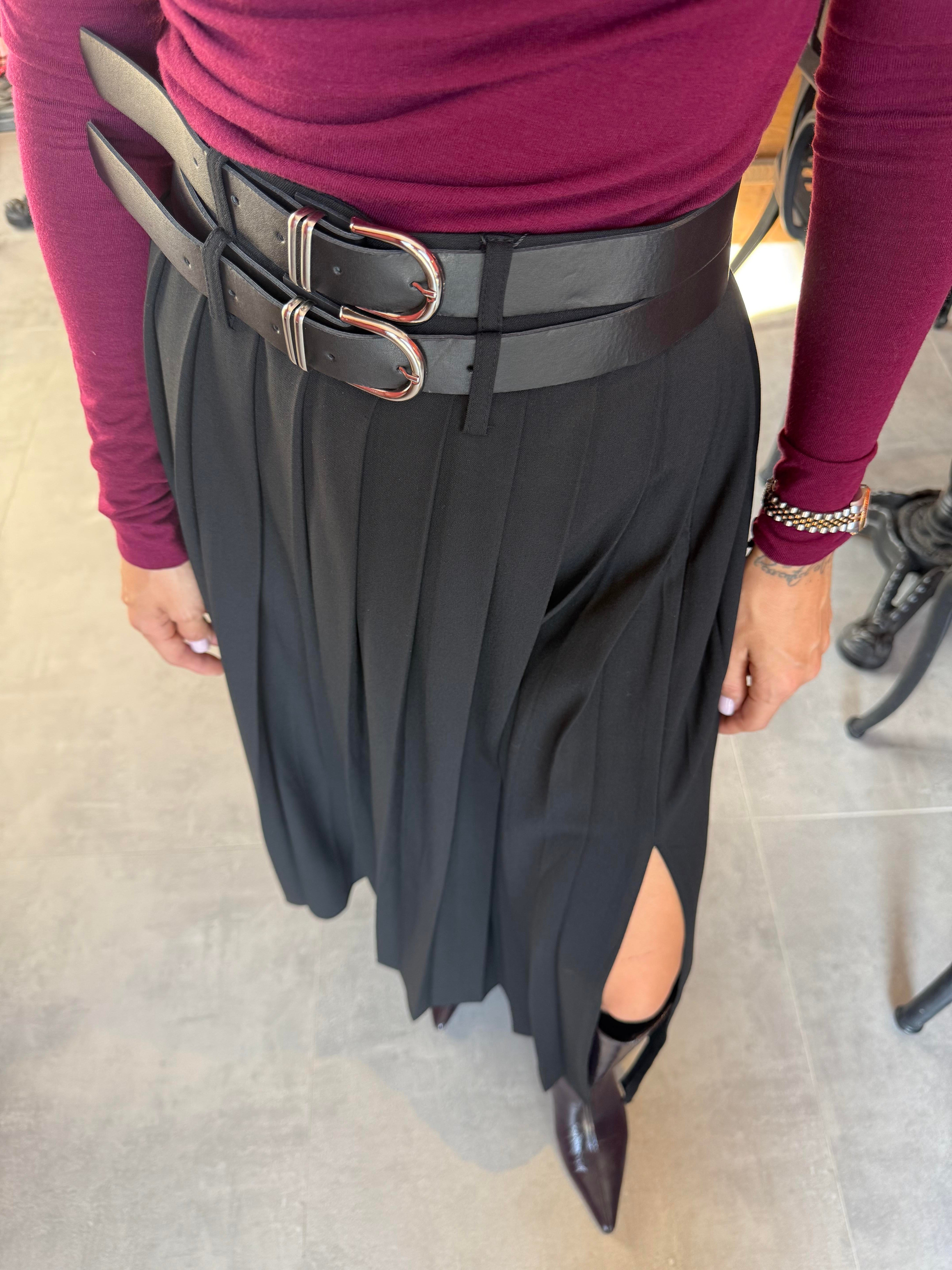 Çift Kemer Midi Boy Piliseli Etek - Siyah