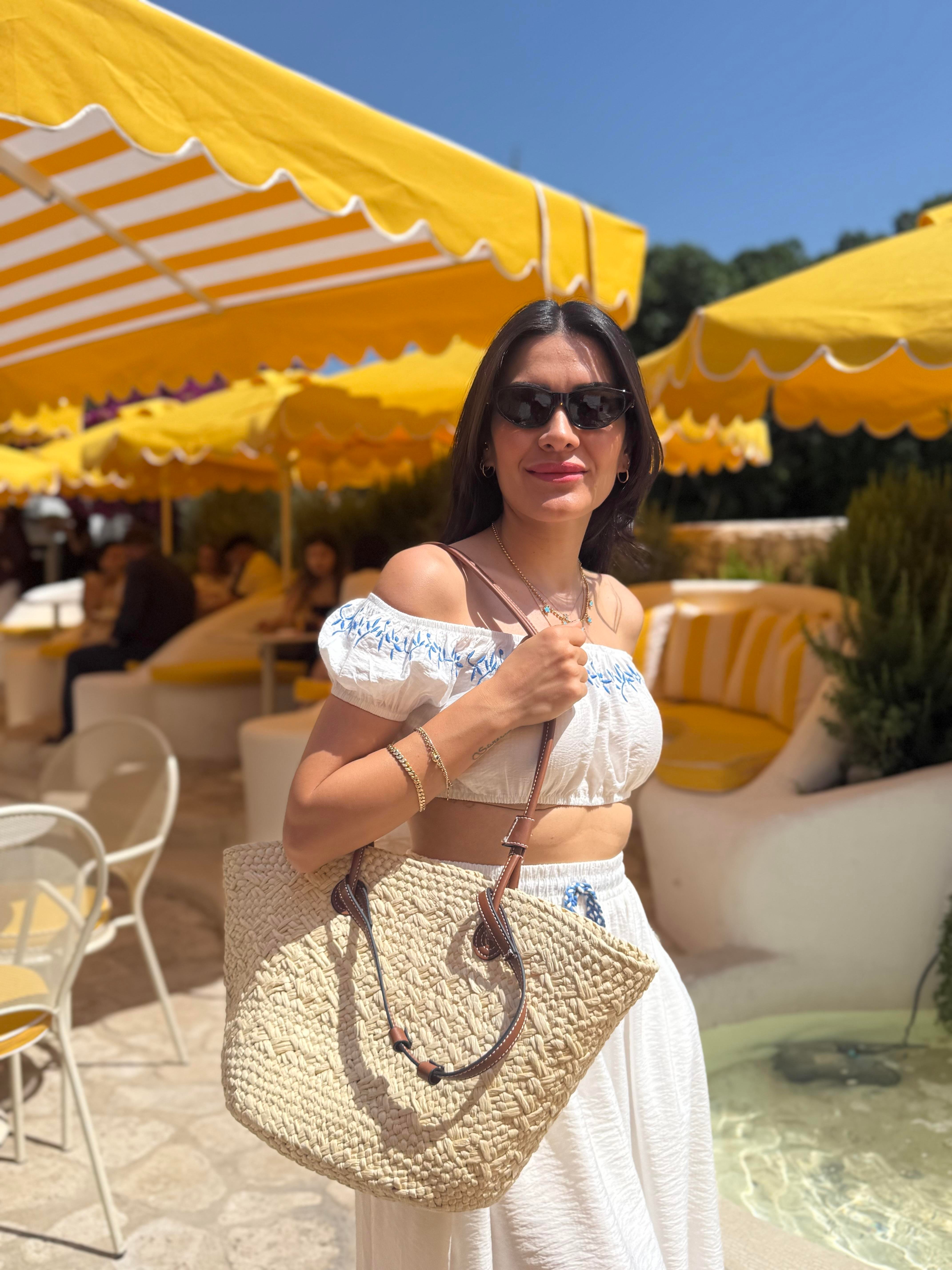 Deri Askılı Keseli Hasır Çanta - Bej