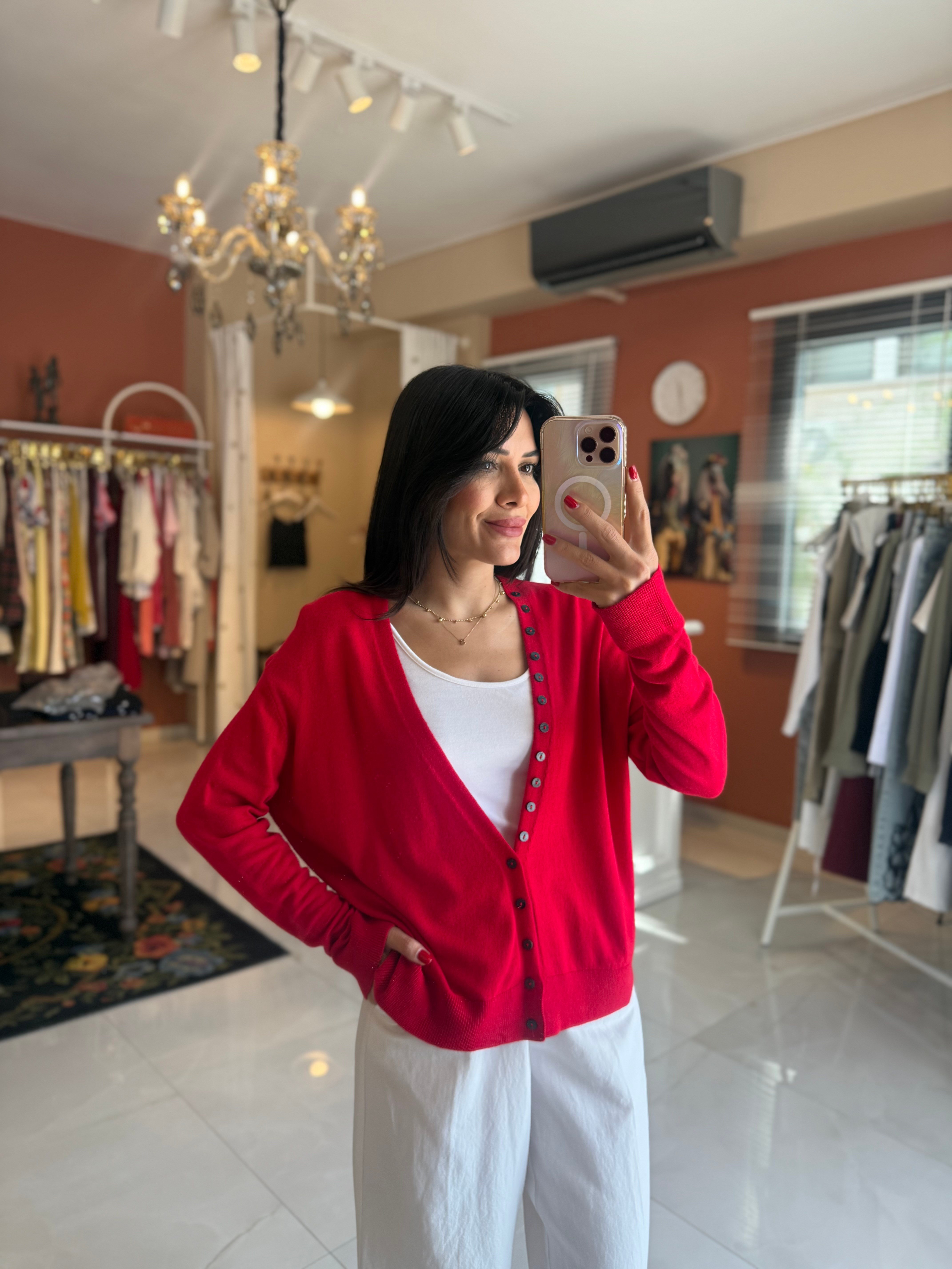Düğme Detaylı Kırmızı Triko Hırka