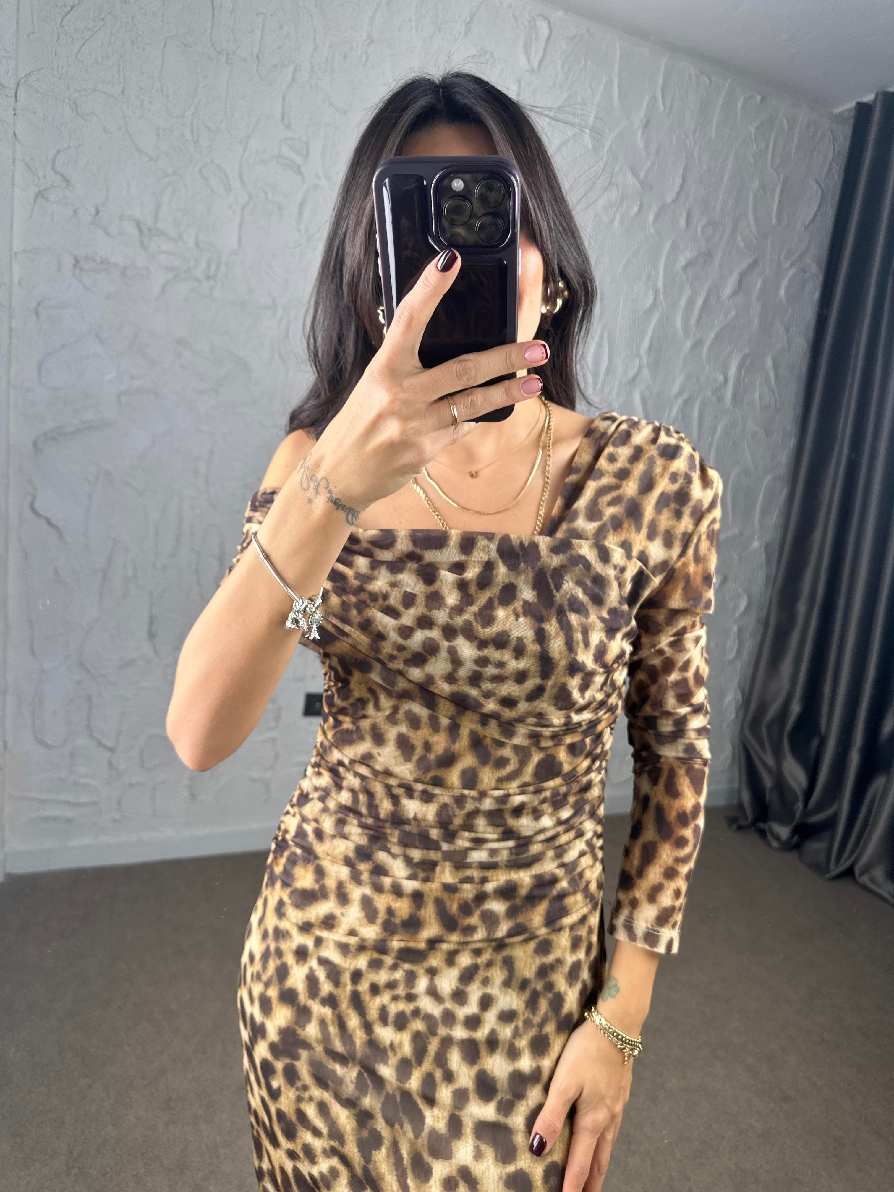 Düşük Omuz Leopar Tül Elbise