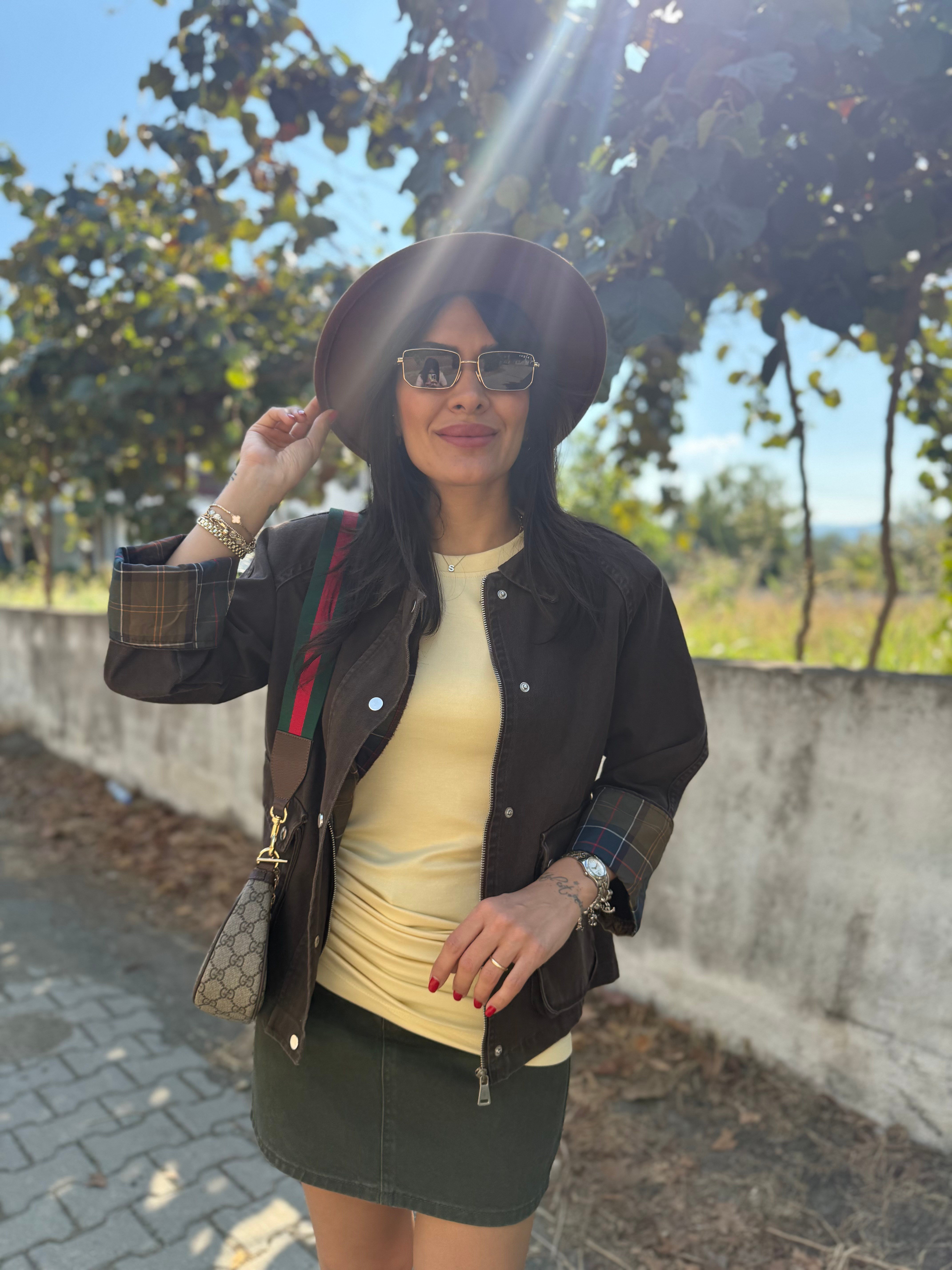 Ekose Detaylı Kahve Kot Ceket