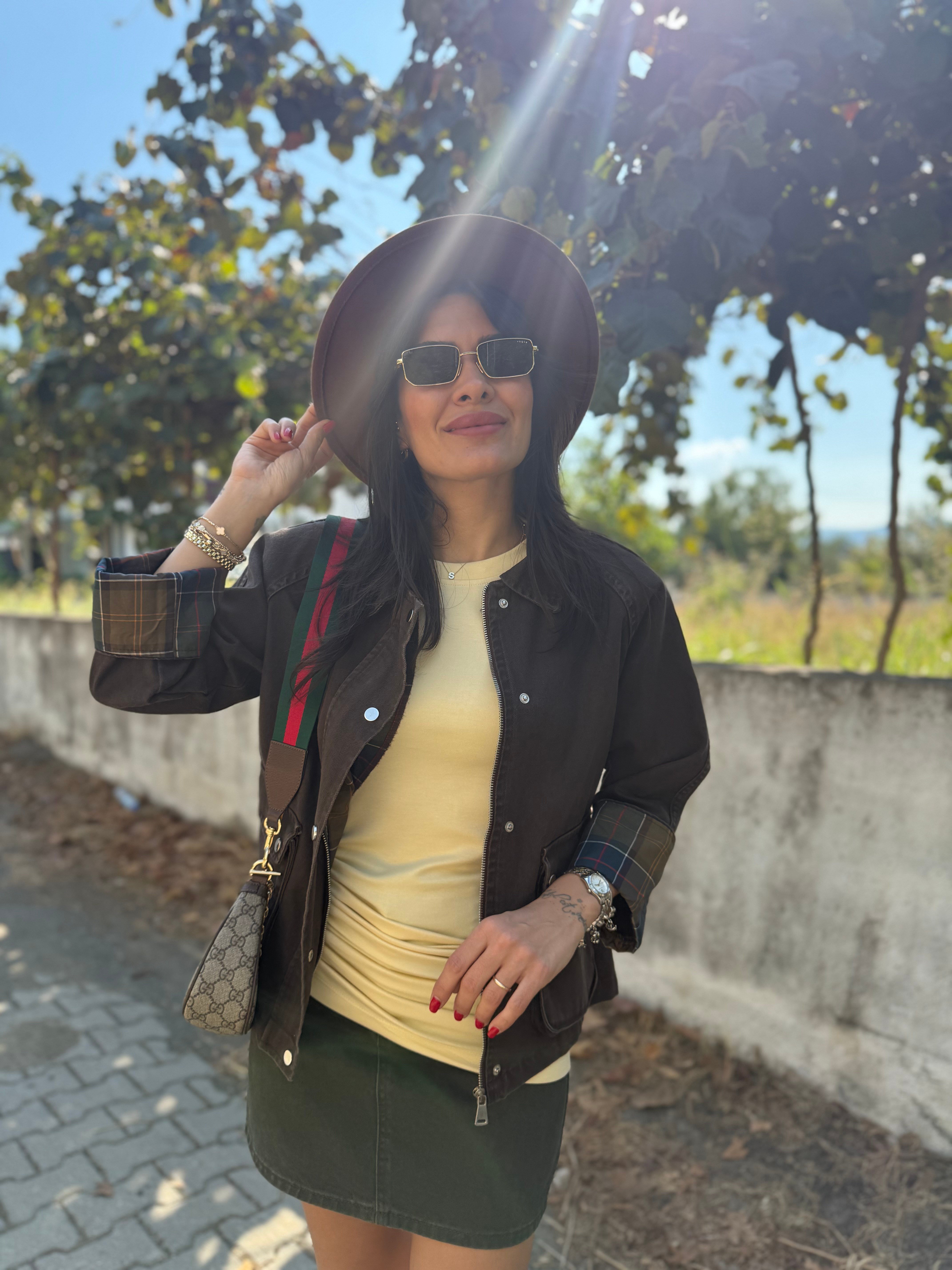 Ekose Detaylı Kahve Kot Ceket