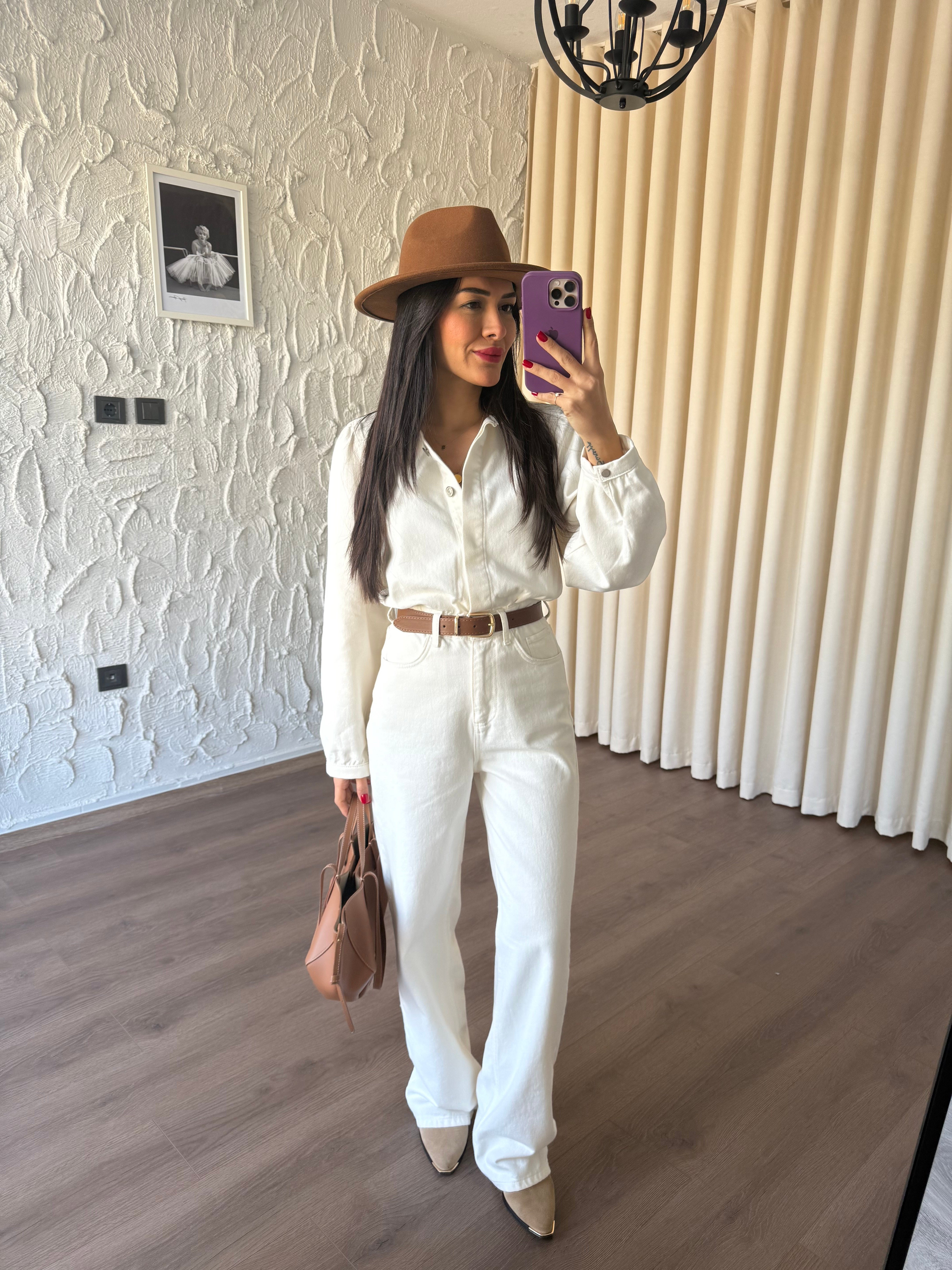 Ekru Kemerli Denim Tulum