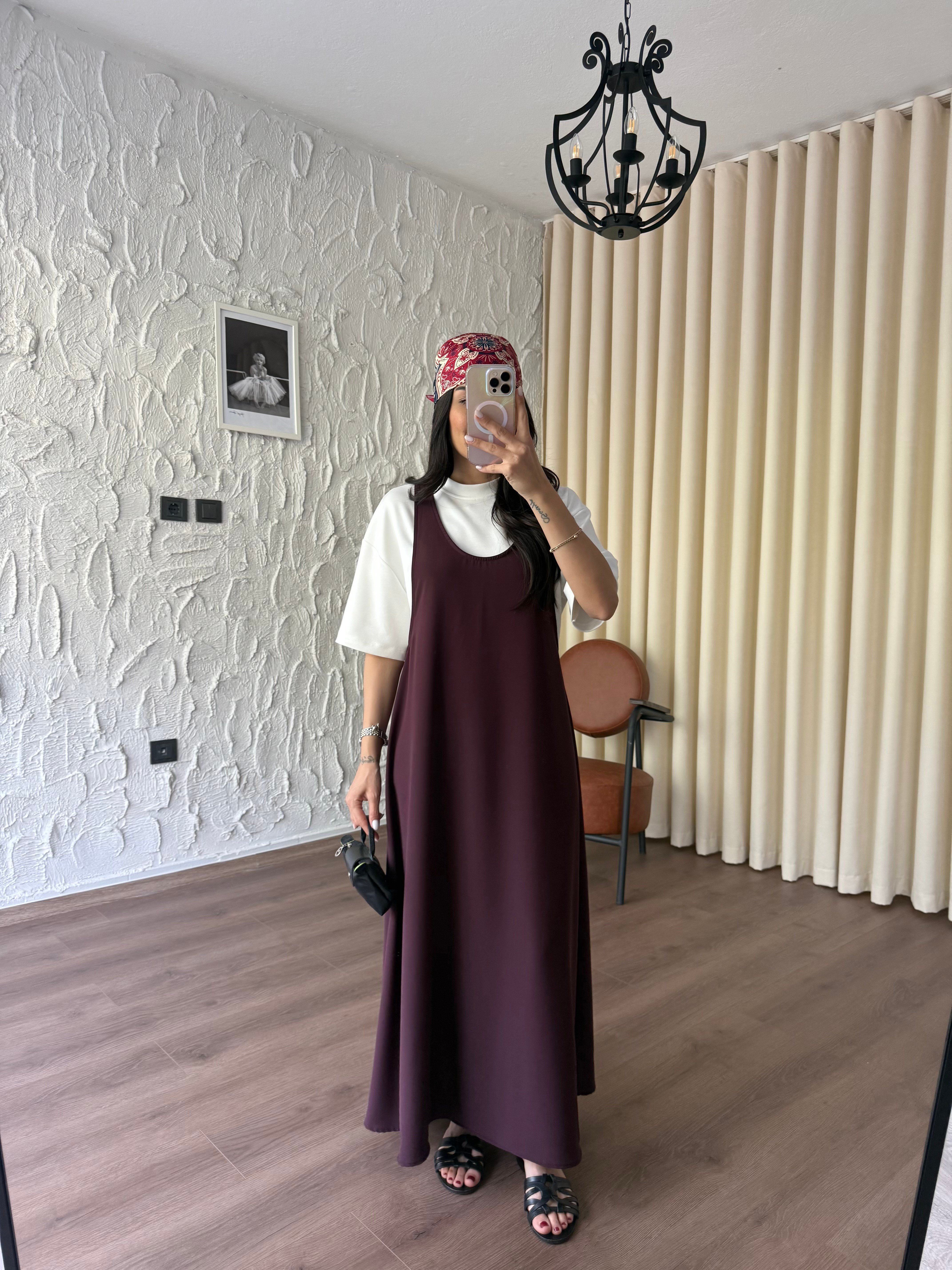 Ekru Tshirt Takım Bordo Elbise