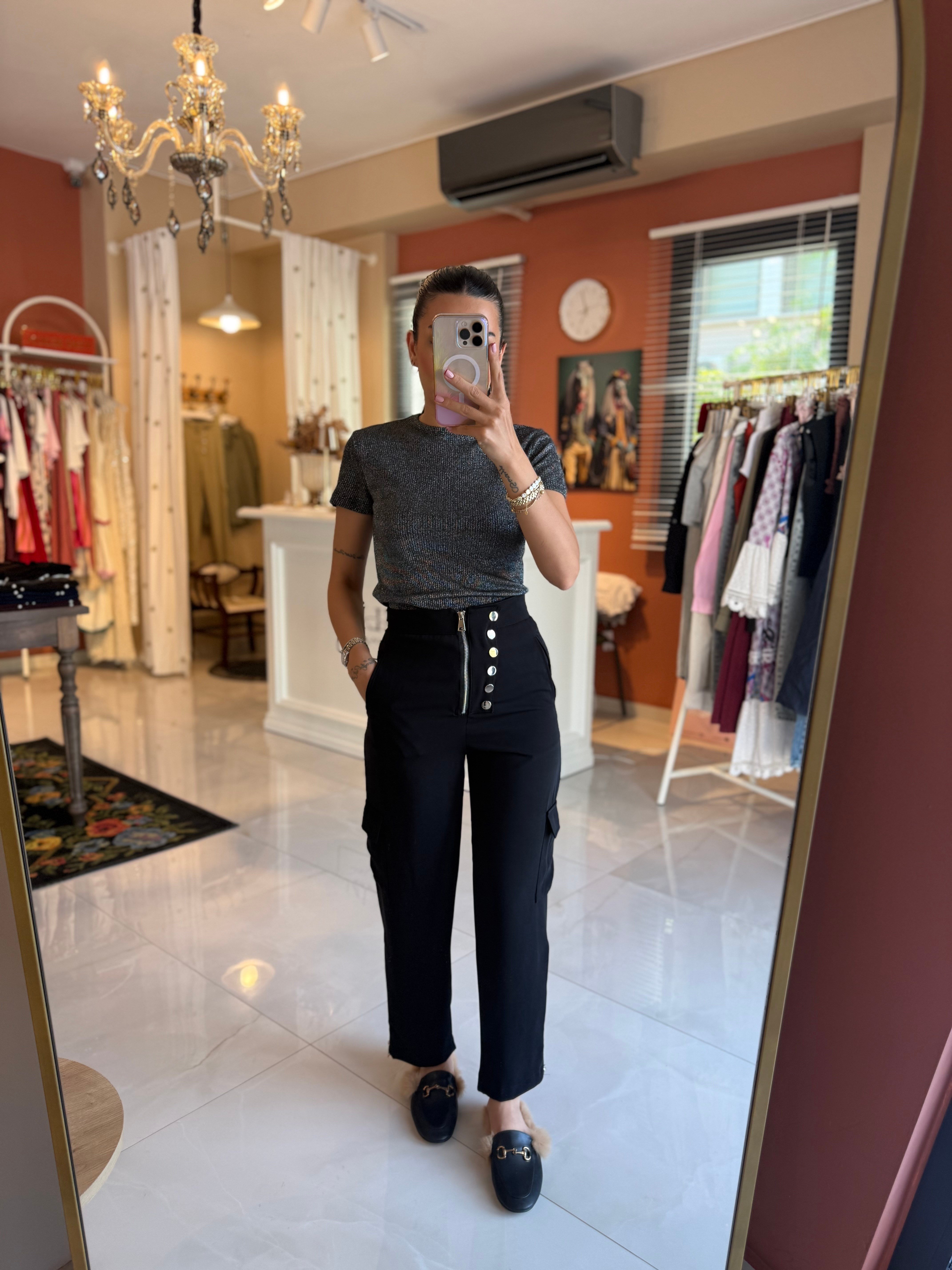 Fermuar ve Düğme Detaylı Yeşil Pantolon