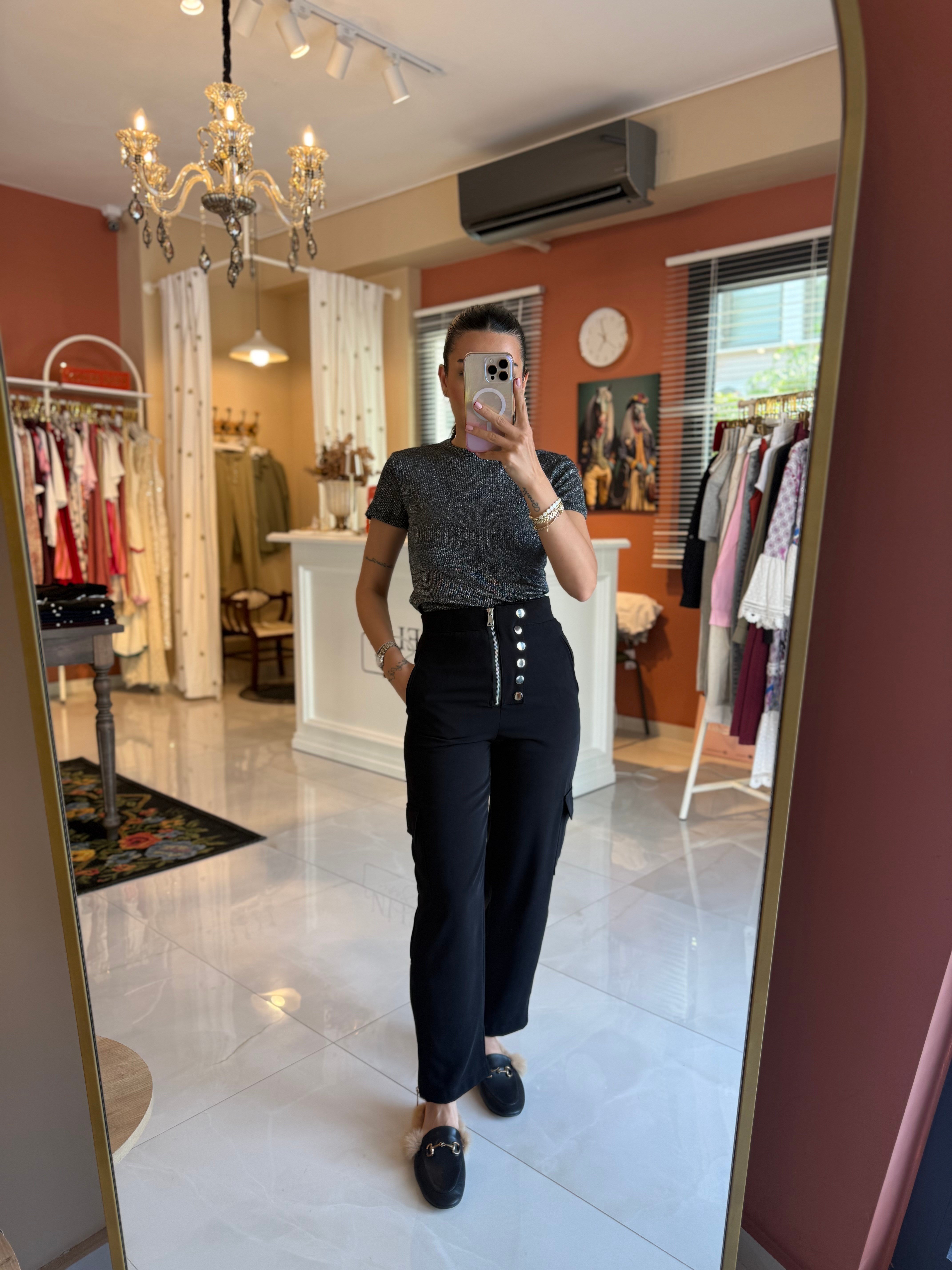 Fermuar ve Düğme Detaylı Yeşil Pantolon