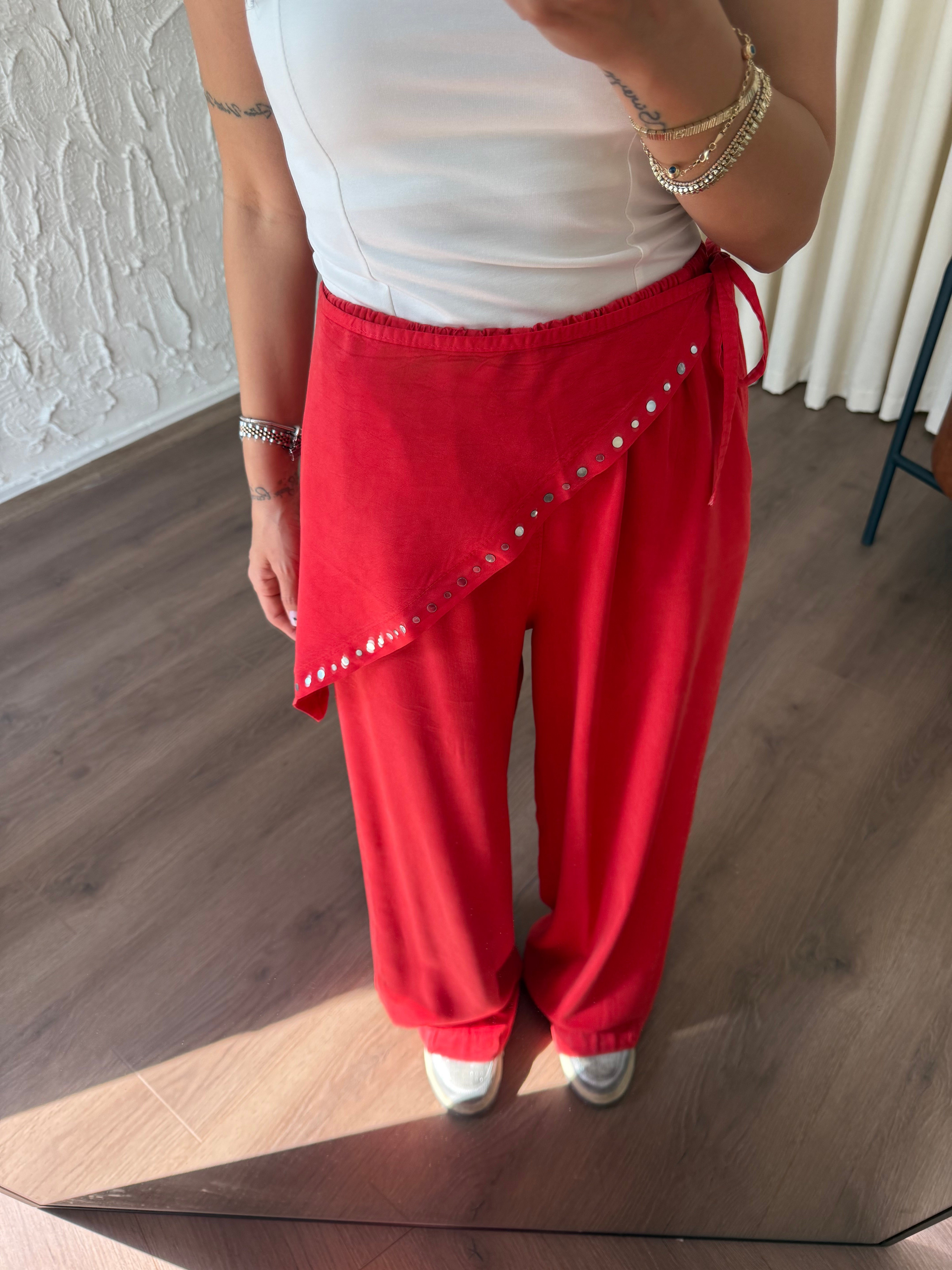 Fular Detaylı Nar Çiçeği Pantolon