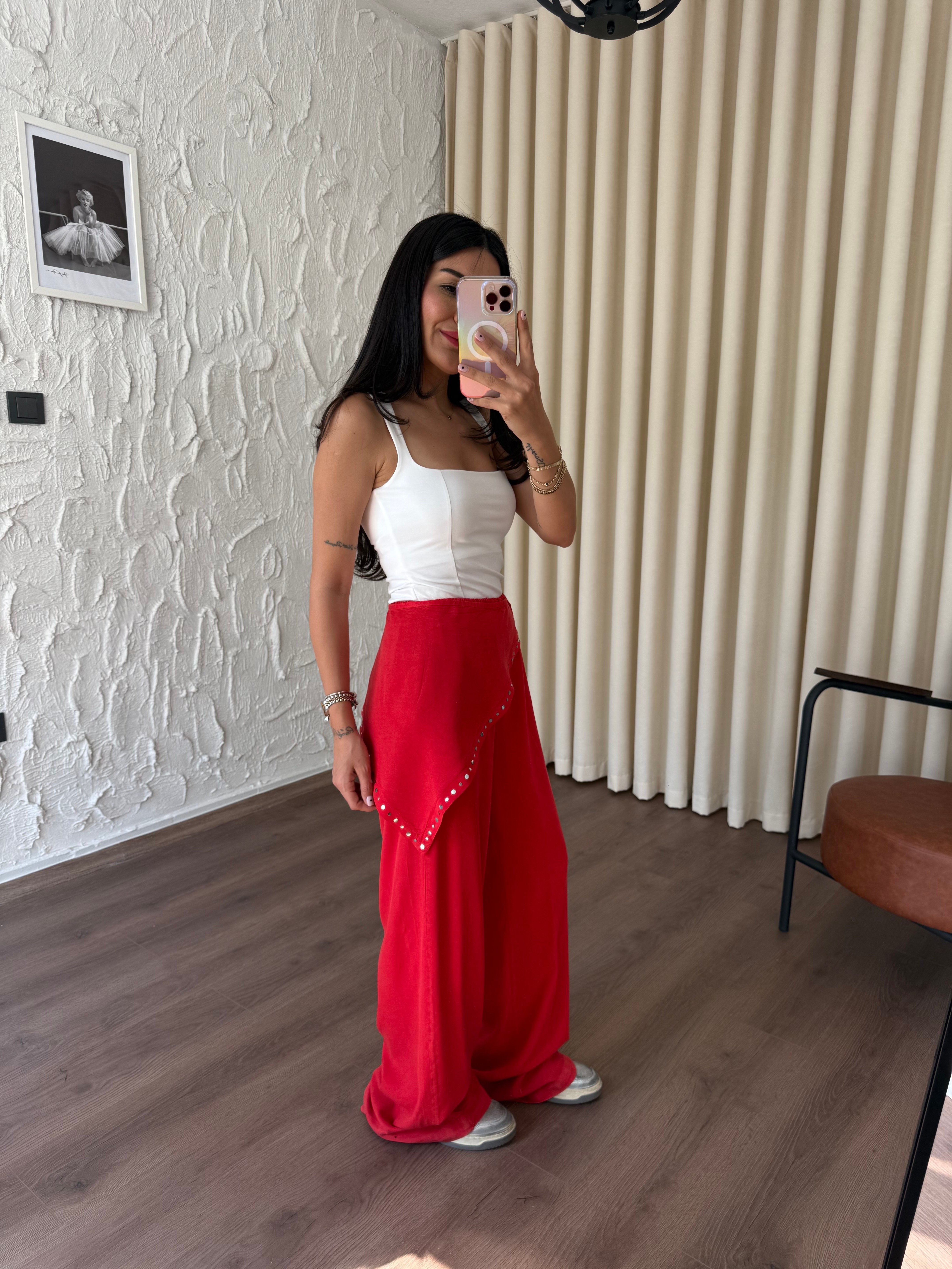 Fular Detaylı Nar Çiçeği Pantolon