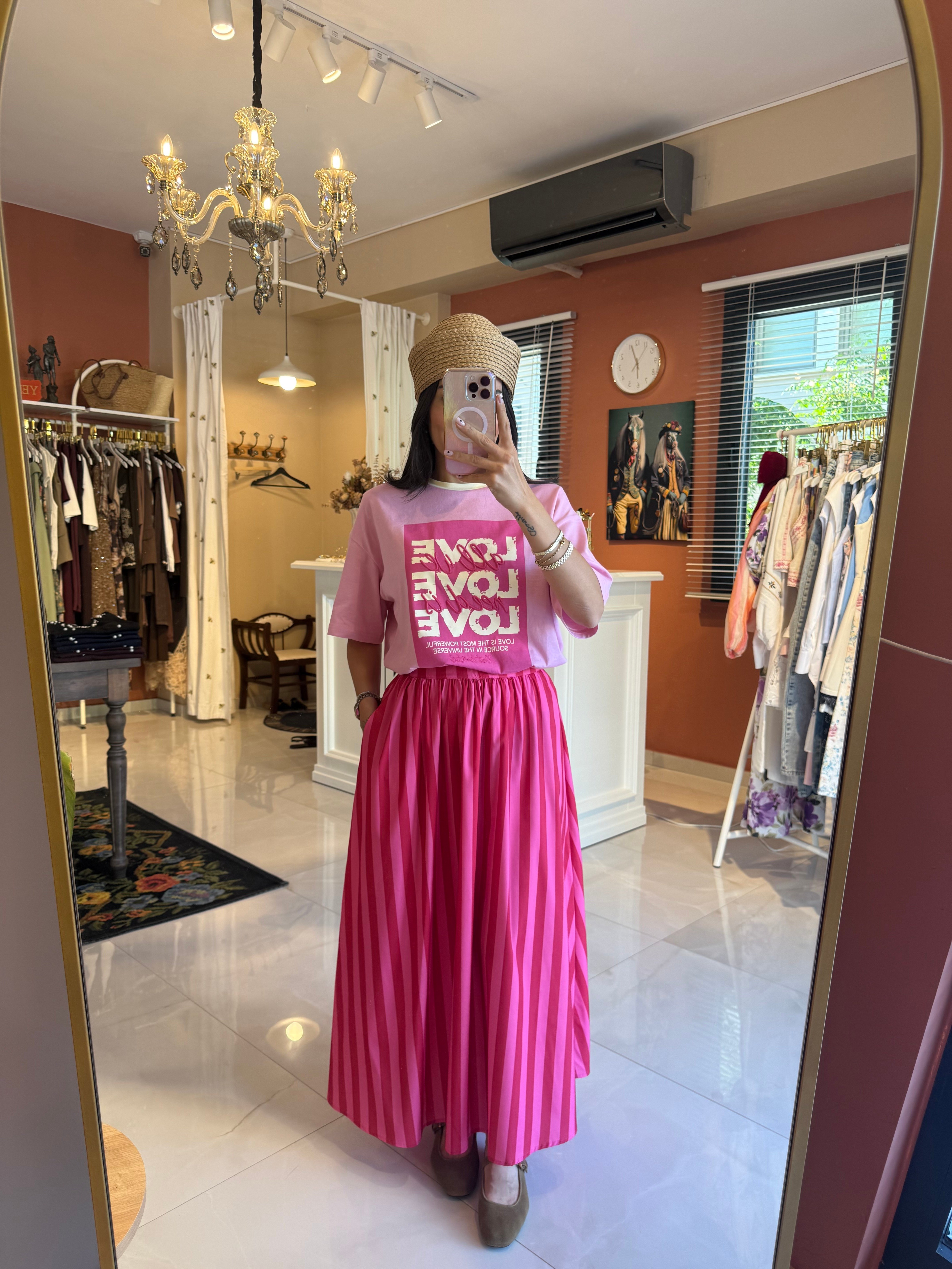 Fuşya Pembe Çizgili Midi Etek