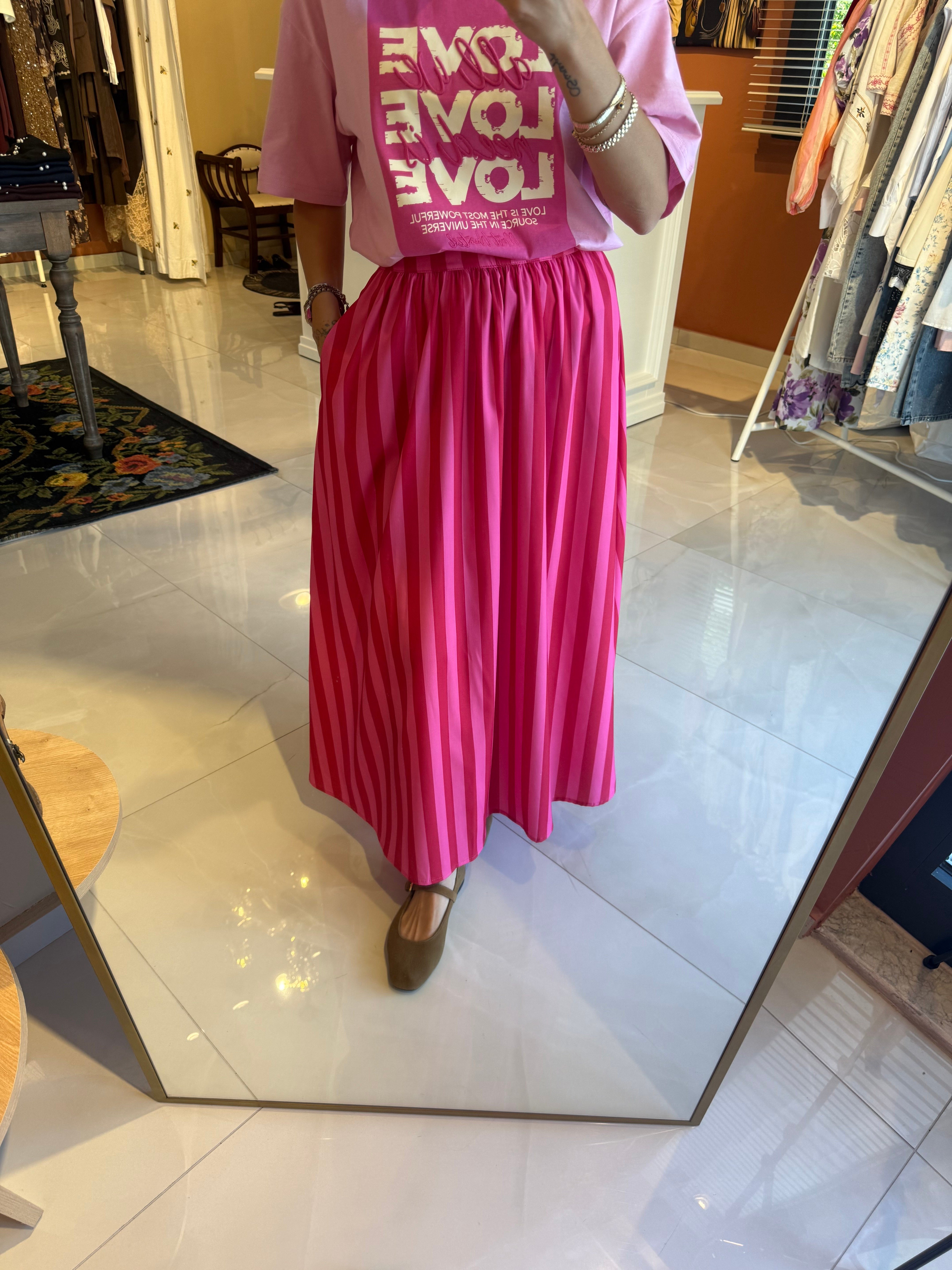 Fuşya Pembe Çizgili Midi Etek
