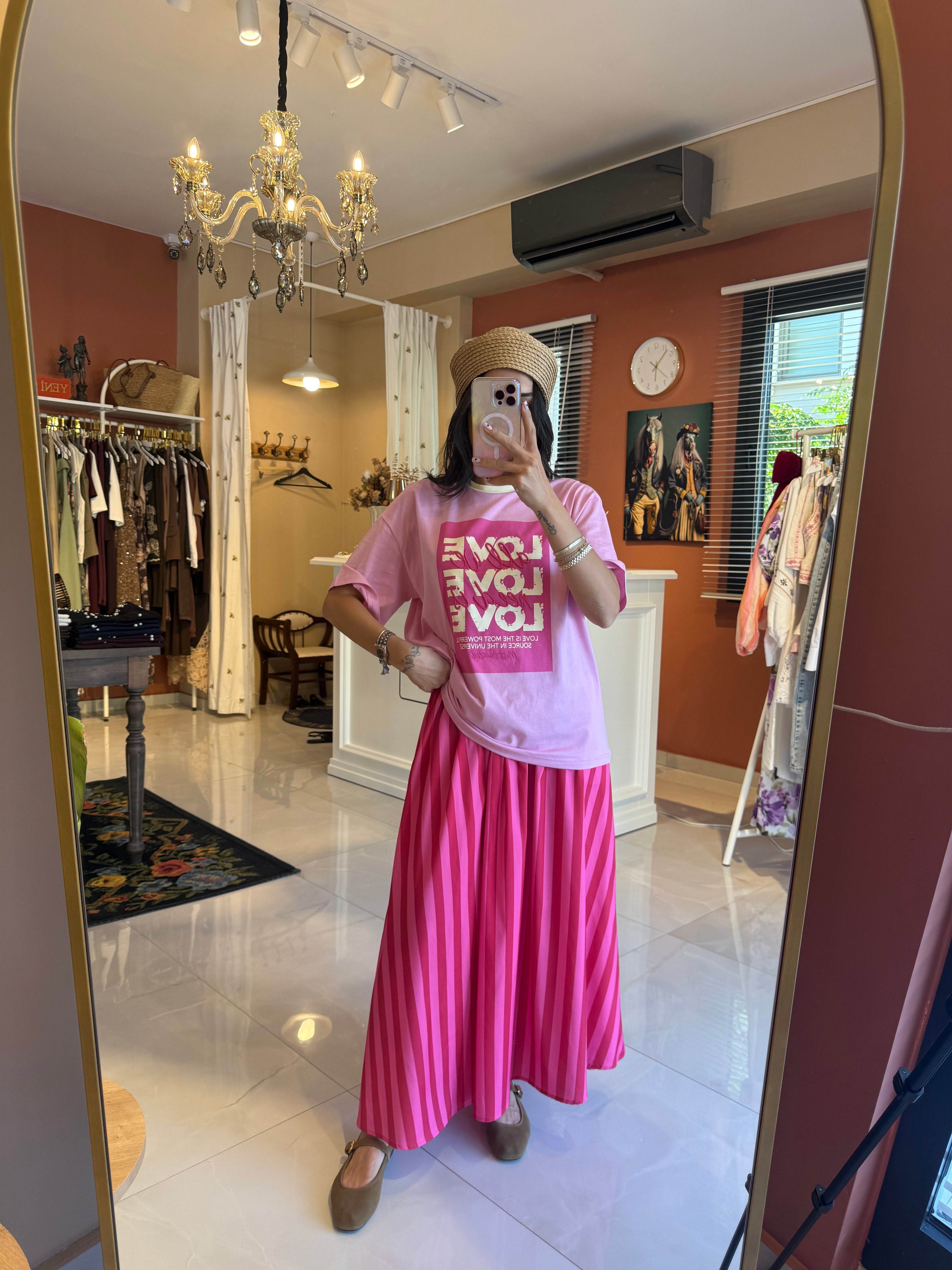 Fuşya Pembe Çizgili Midi Etek