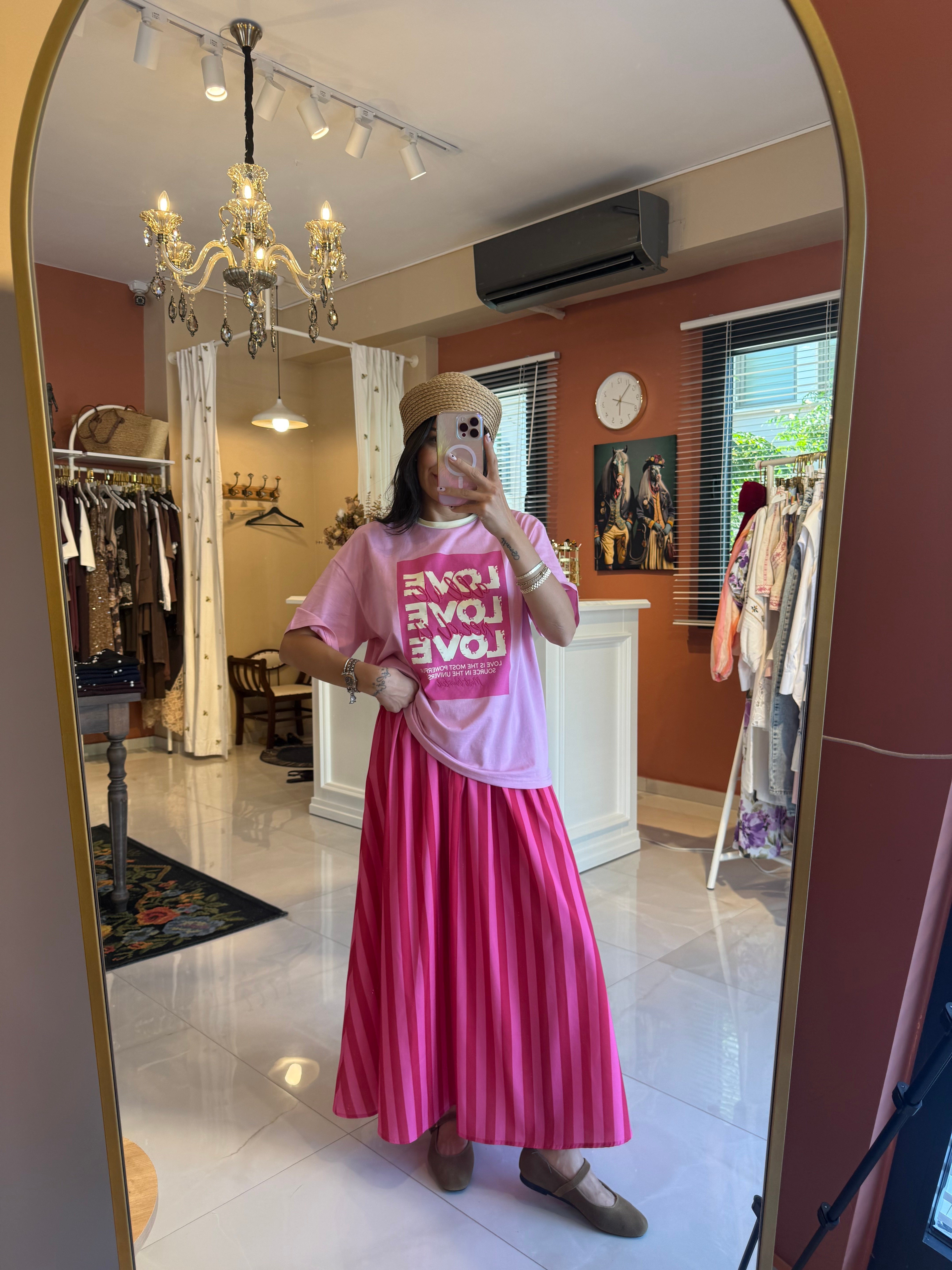 Fuşya Pembe Çizgili Midi Etek