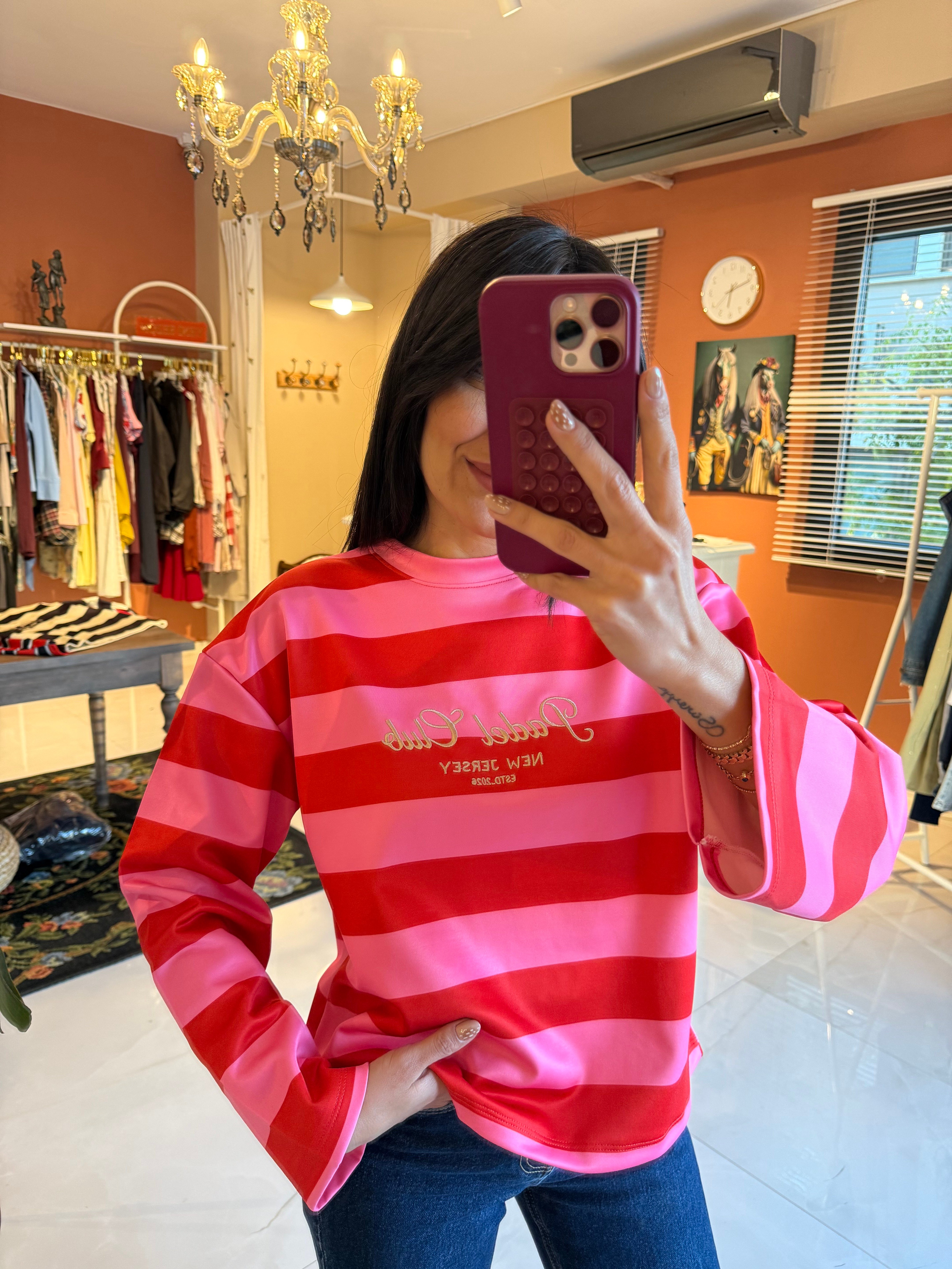Fuşya Pembe Çizgili Nakış İşlemeli Sweat
