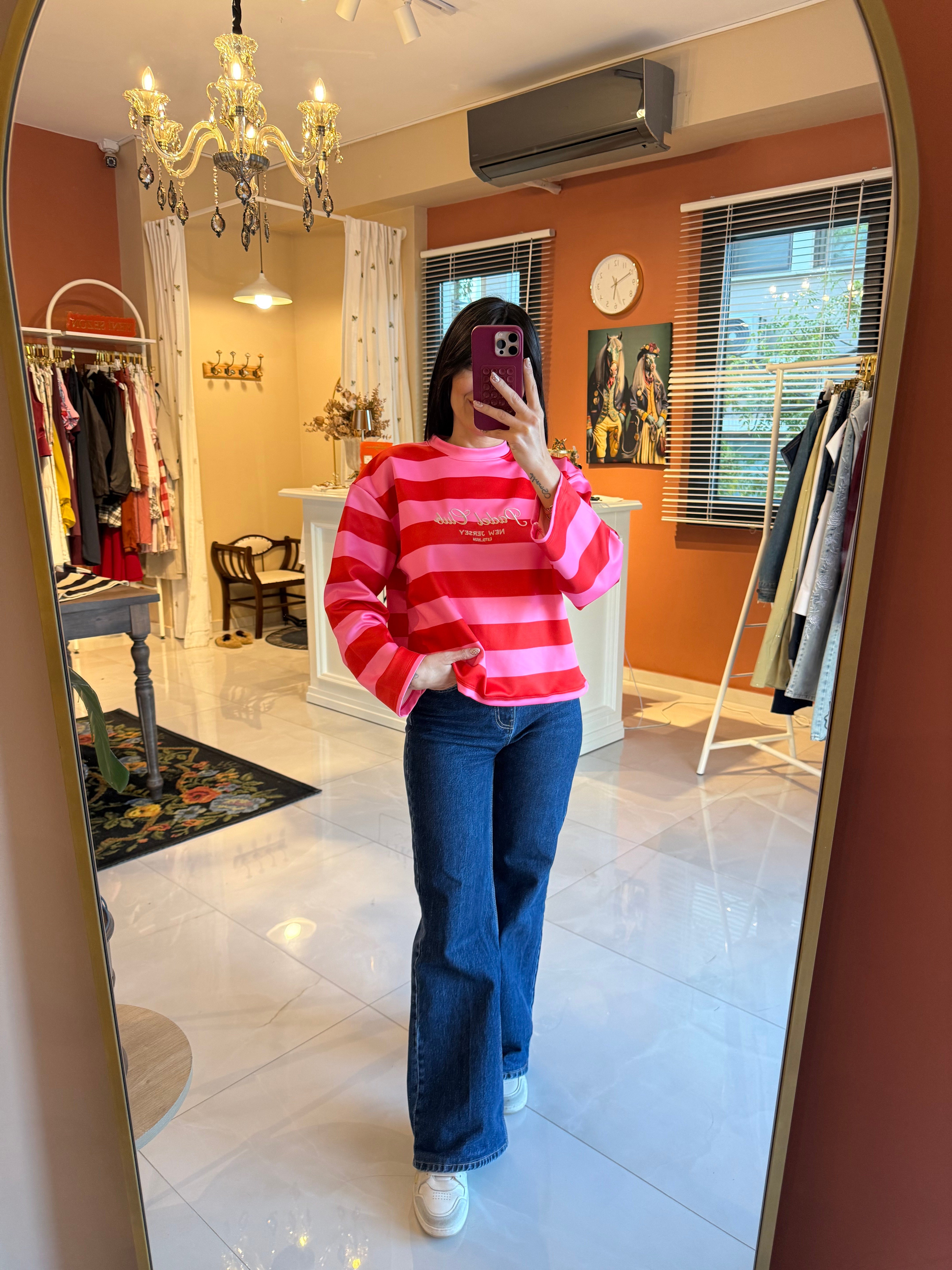 Fuşya Pembe Çizgili Nakış İşlemeli Sweat