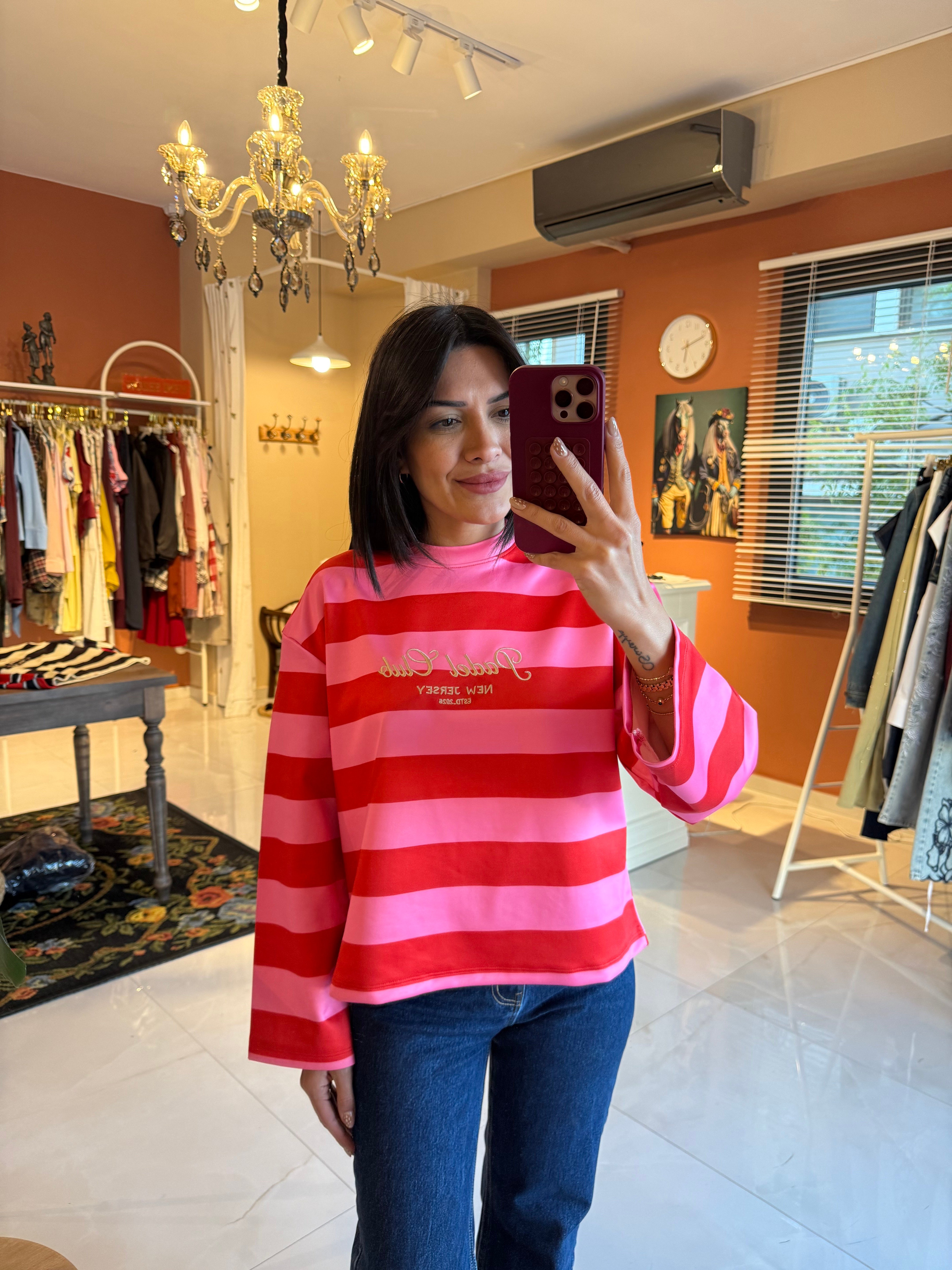 Fuşya Pembe Çizgili Nakış İşlemeli Sweat