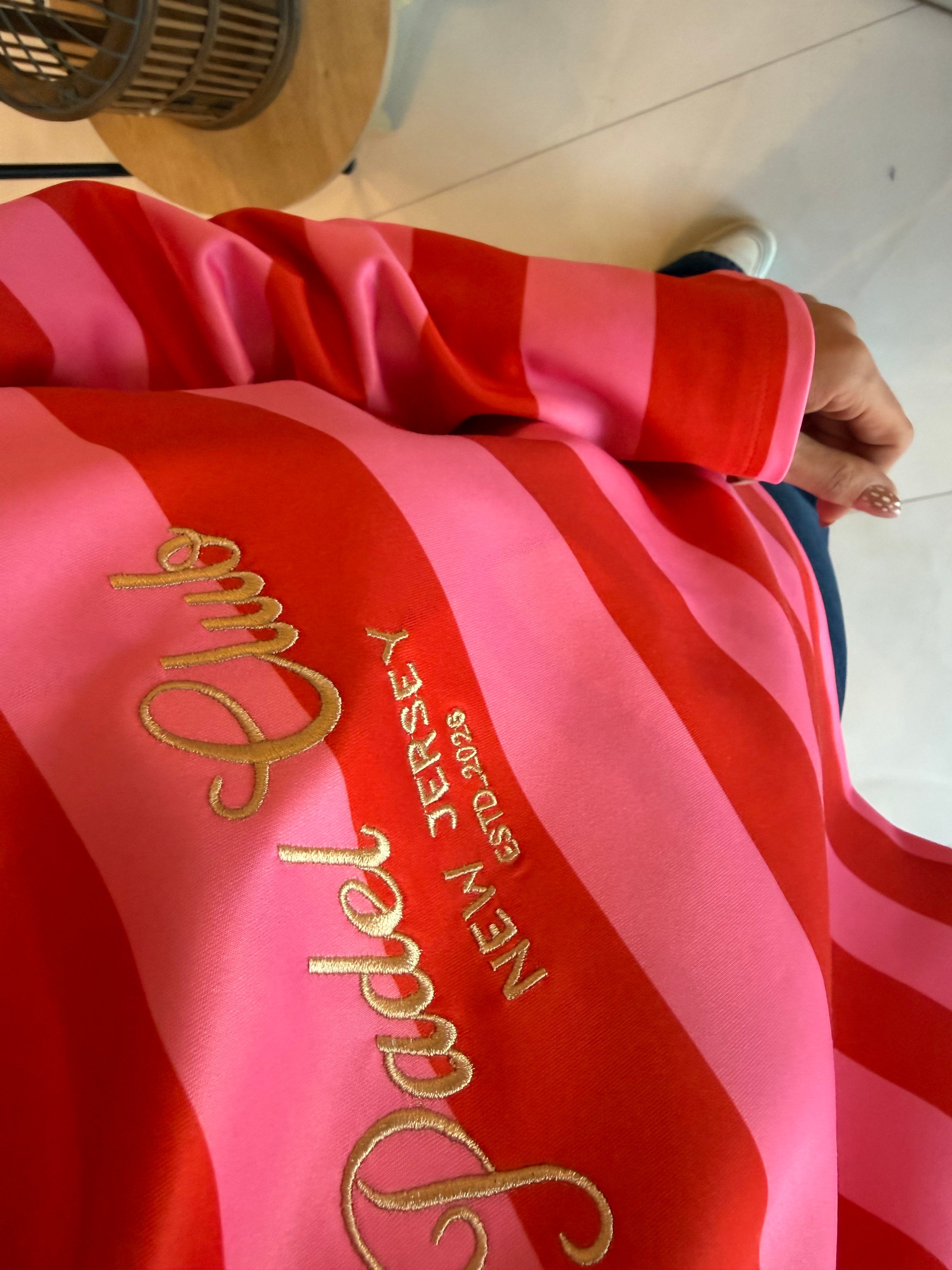 Fuşya Pembe Çizgili Nakış İşlemeli Sweat
