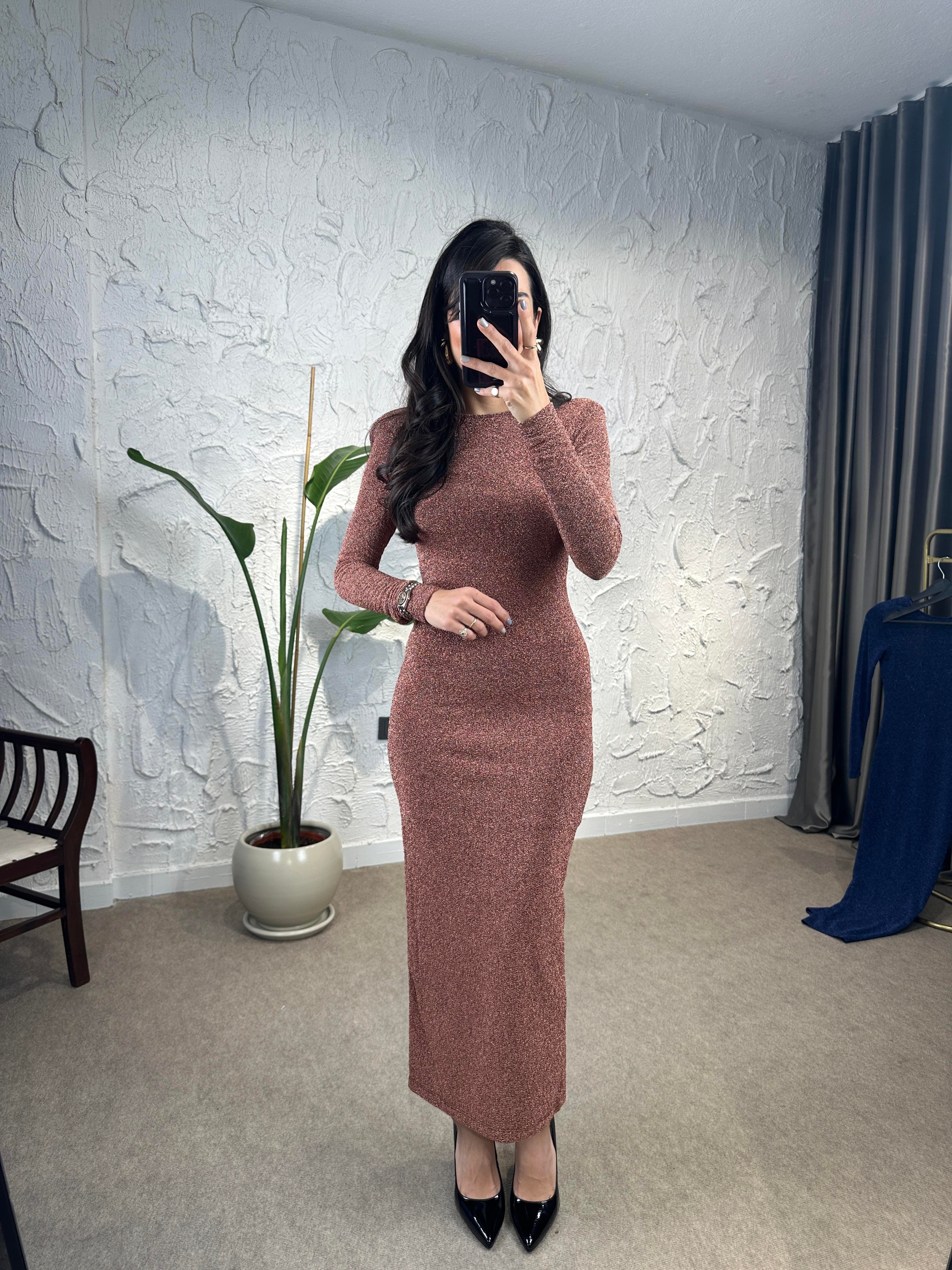 Glint Bronz Sırt Dekolteli Elbise