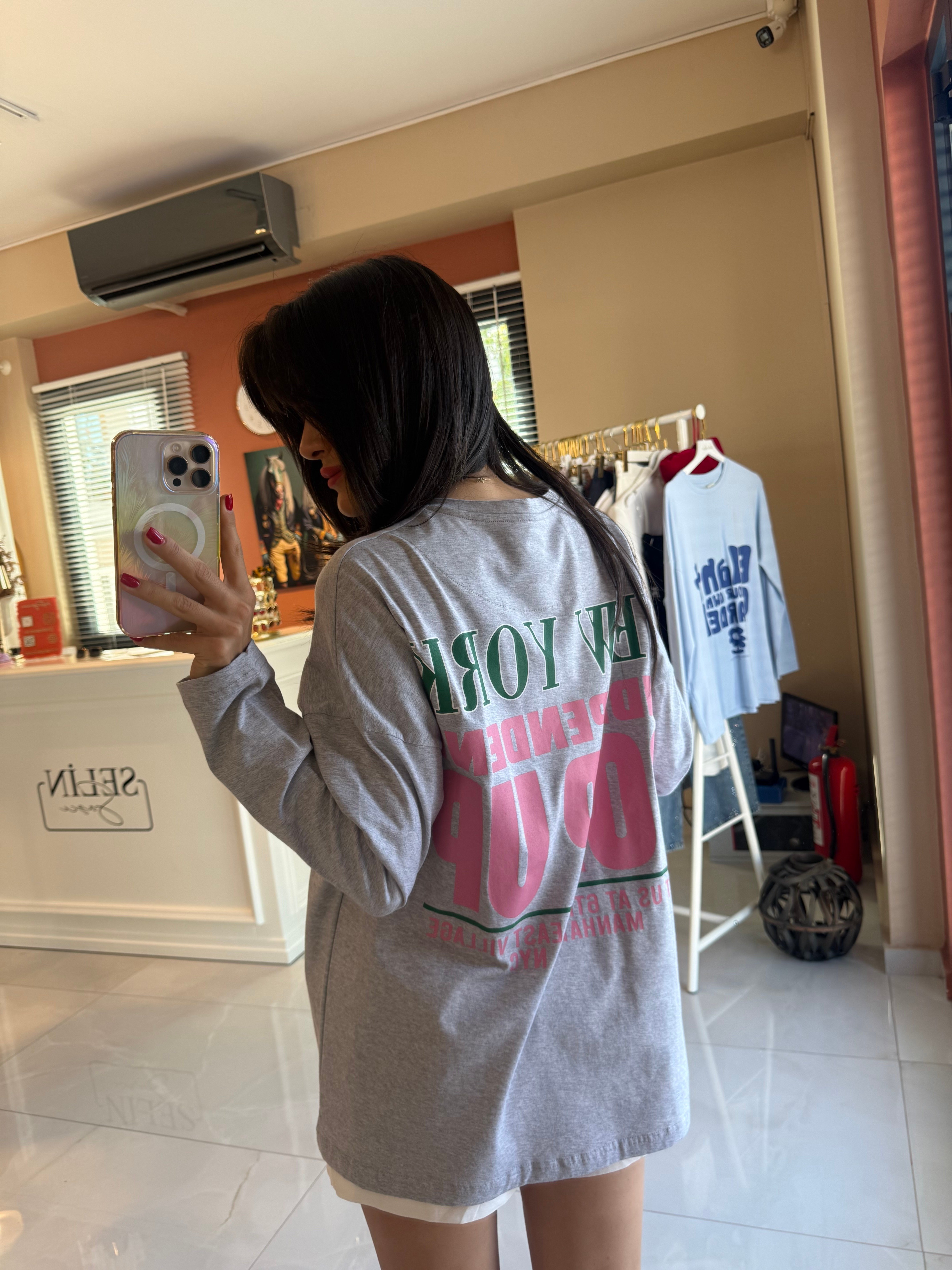 Gri Baskılı Basic Uzun Kollu Tshirt