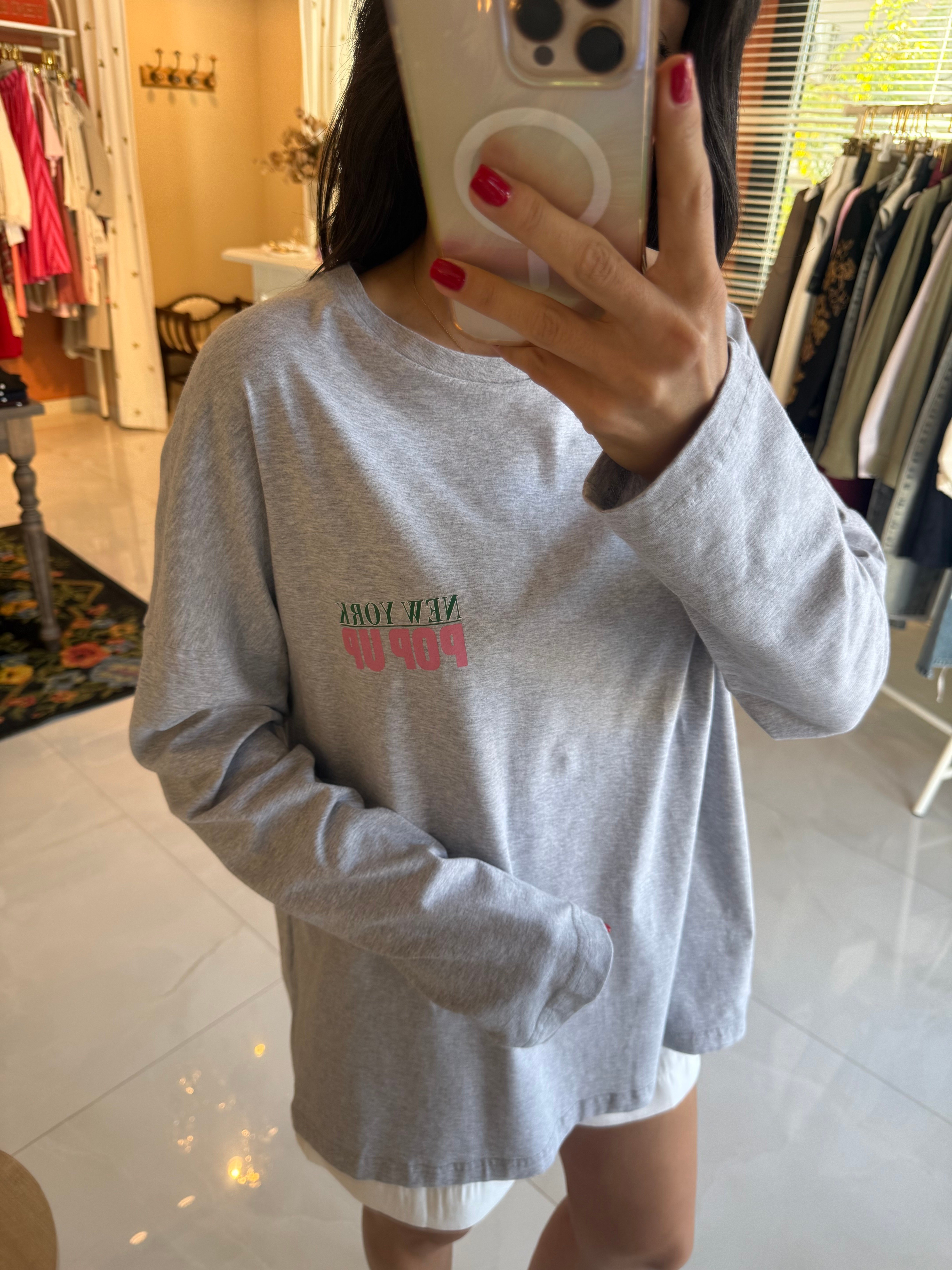 Gri Baskılı Basic Uzun Kollu Tshirt