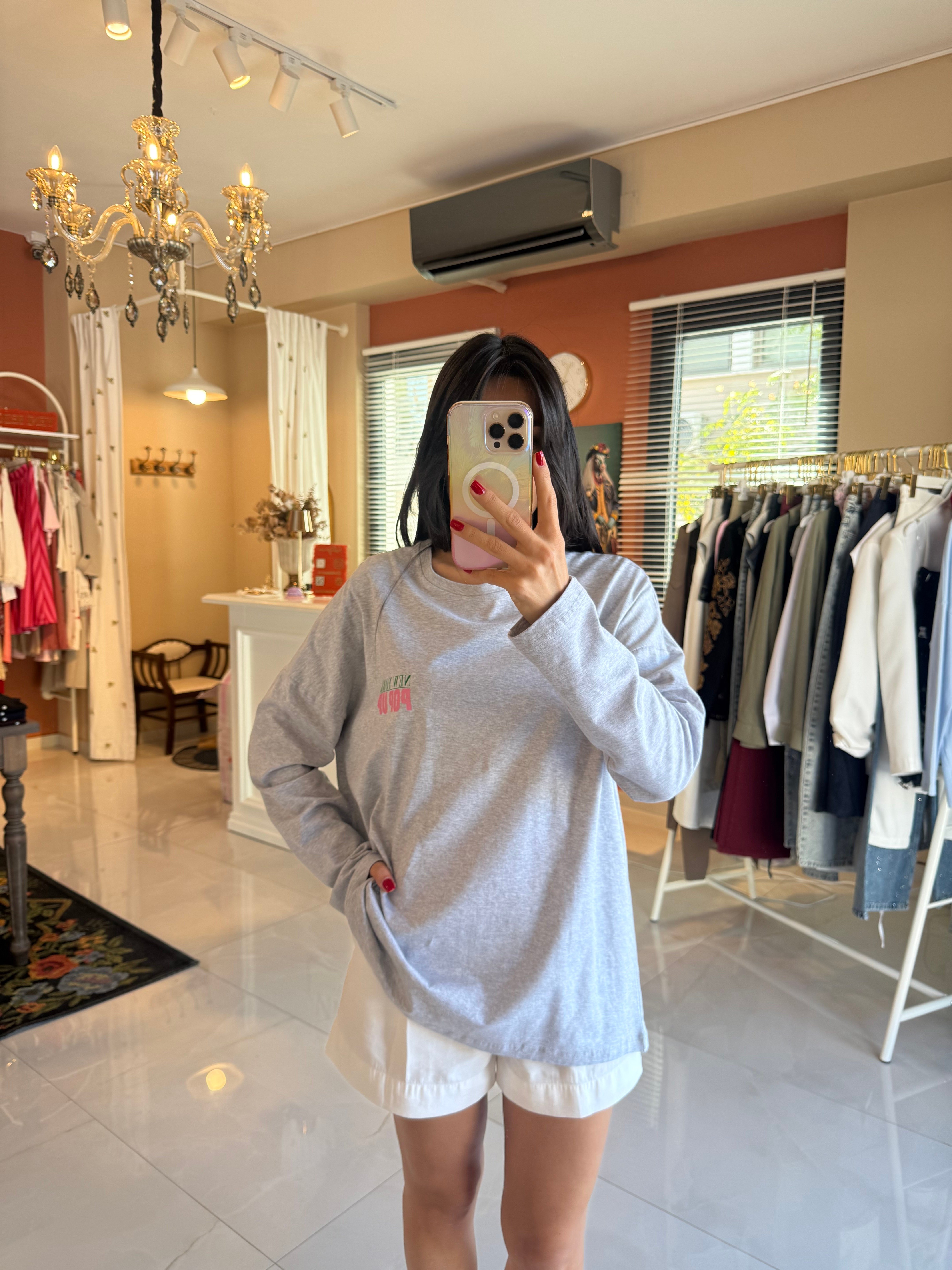 Gri Baskılı Basic Uzun Kollu Tshirt