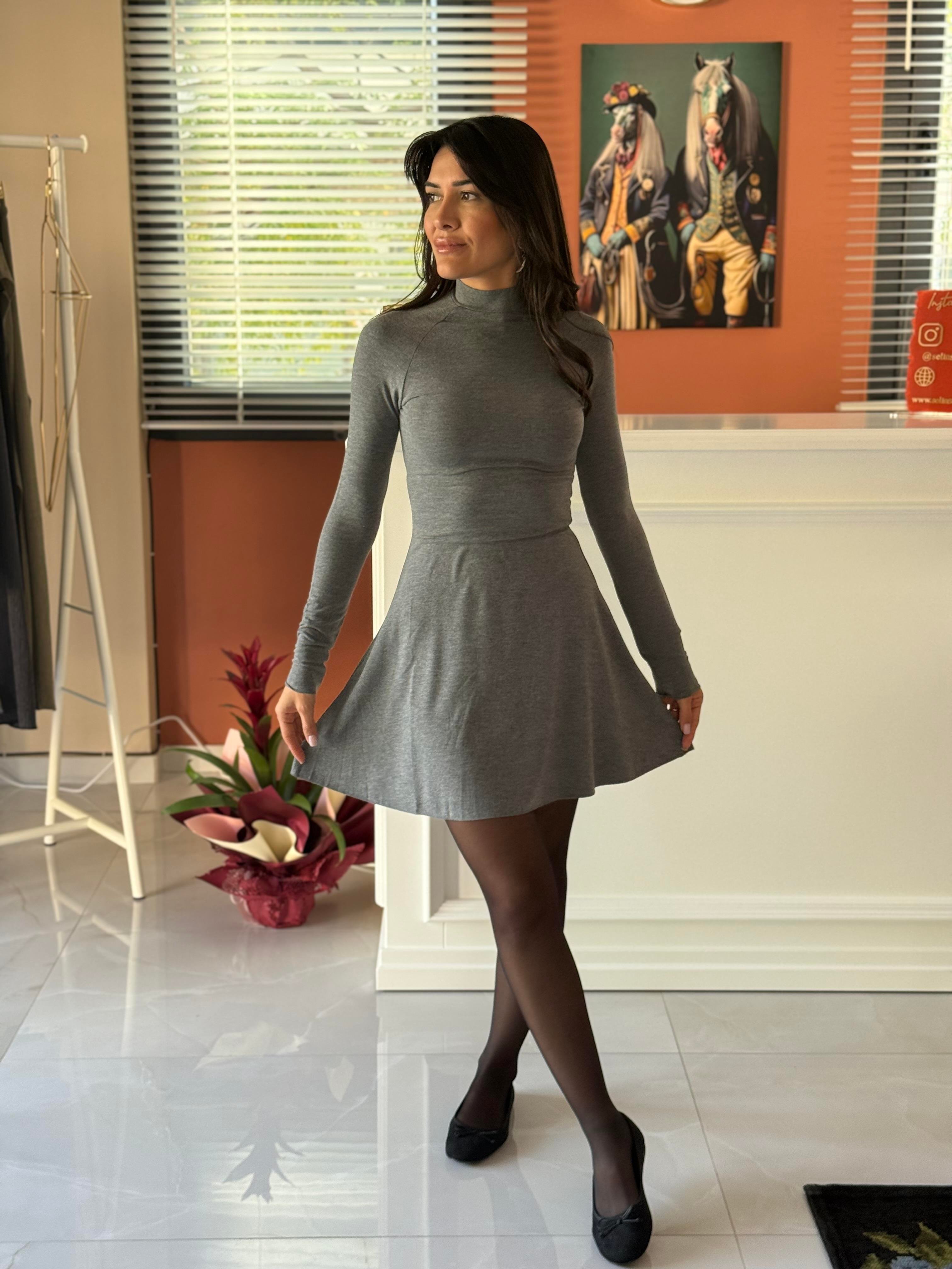 Gri Çan Midi Elbise