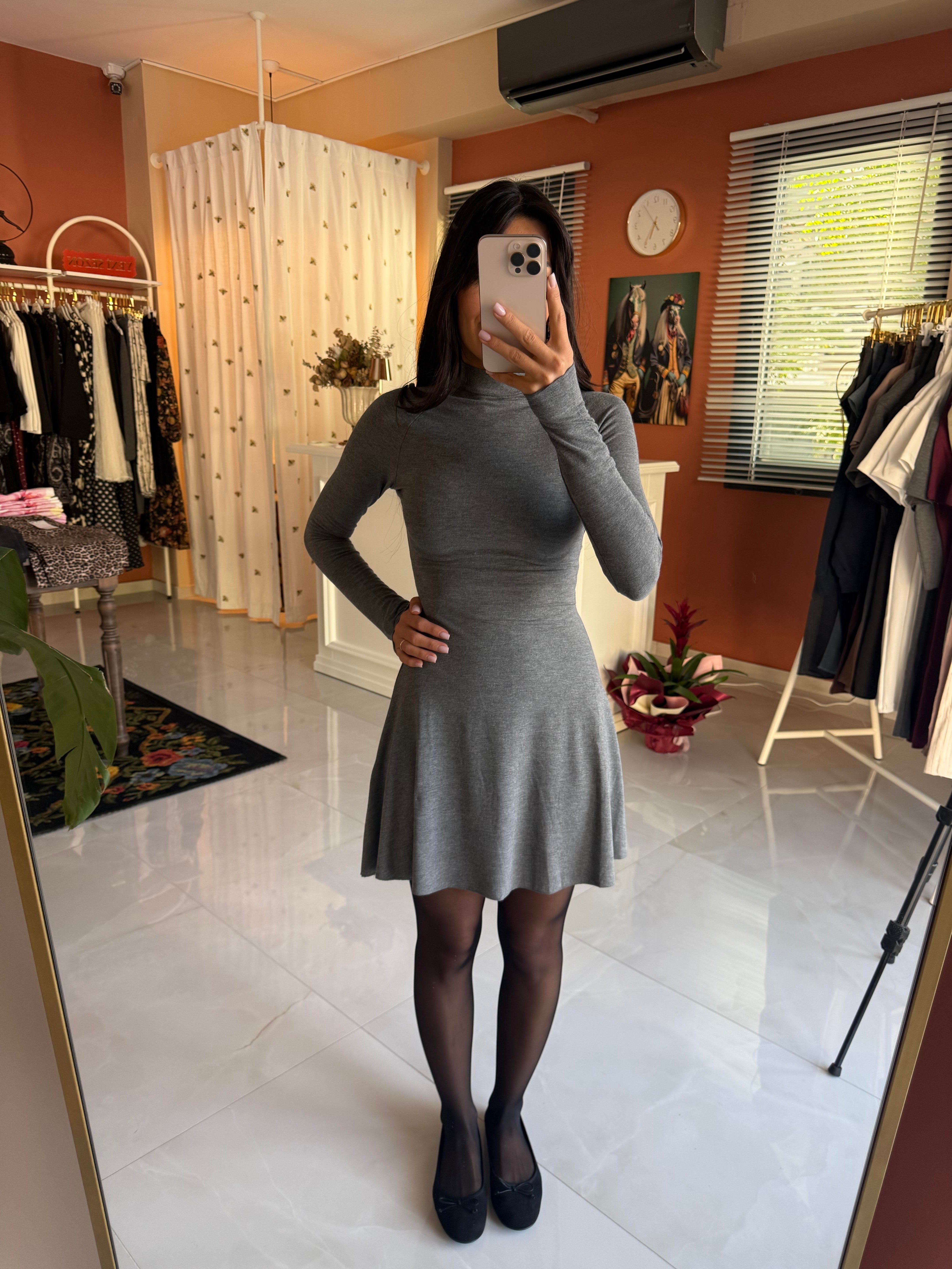 Gri Çan Midi Elbise