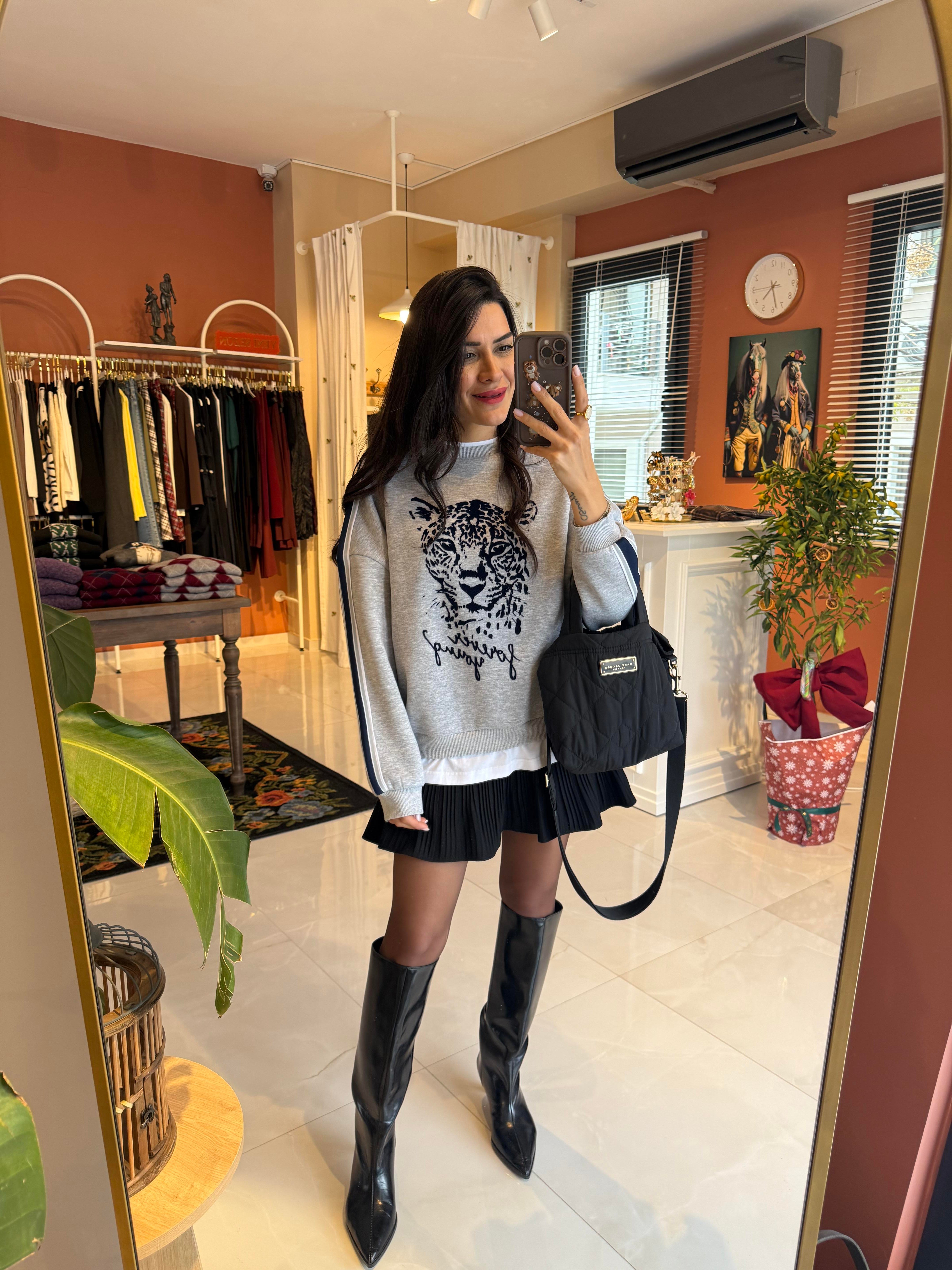 Gri Kaplan Baskılı Tshirt Biyeli Sweatshirt