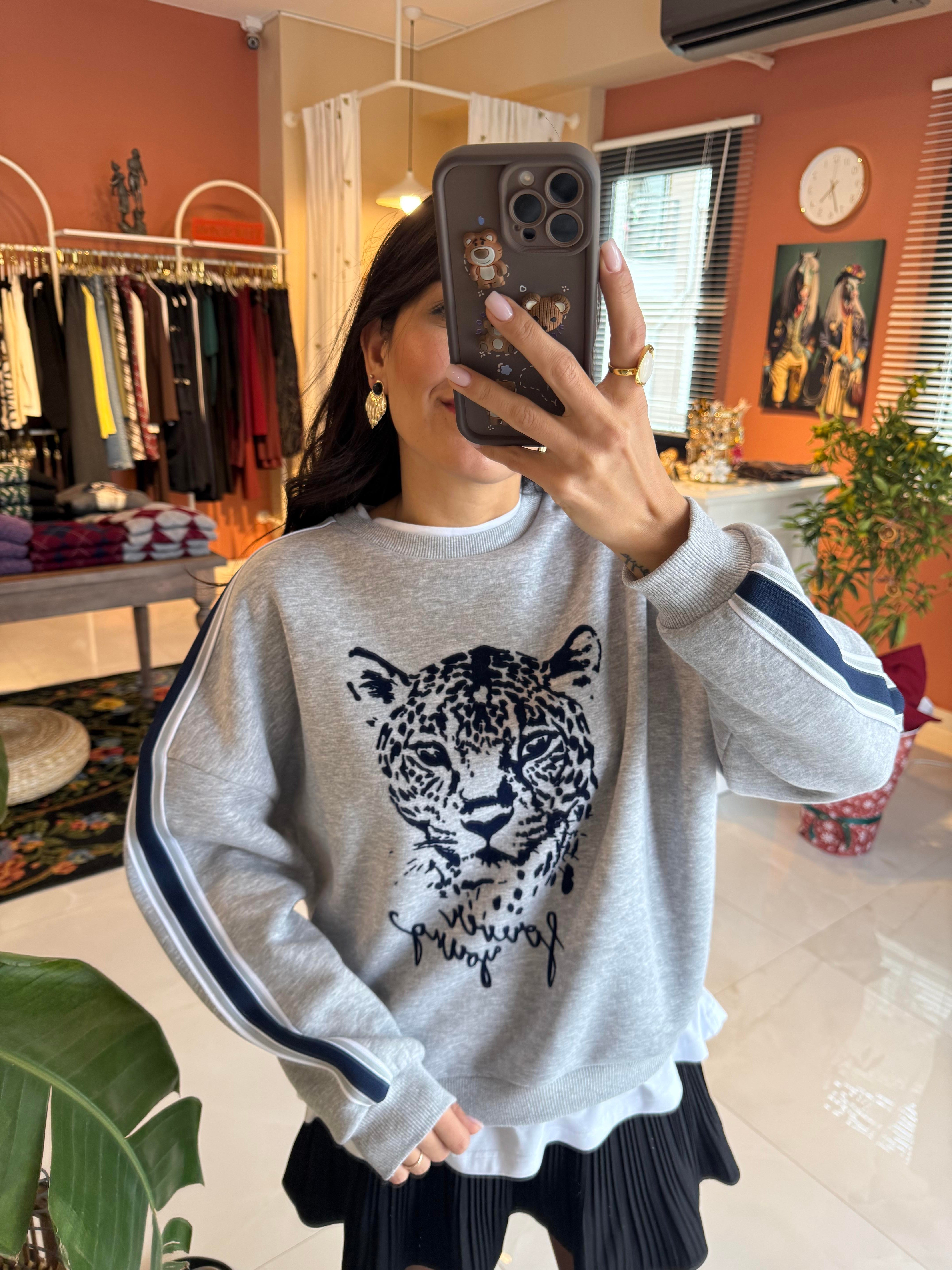 Gri Kaplan Baskılı Tshirt Biyeli Sweatshirt