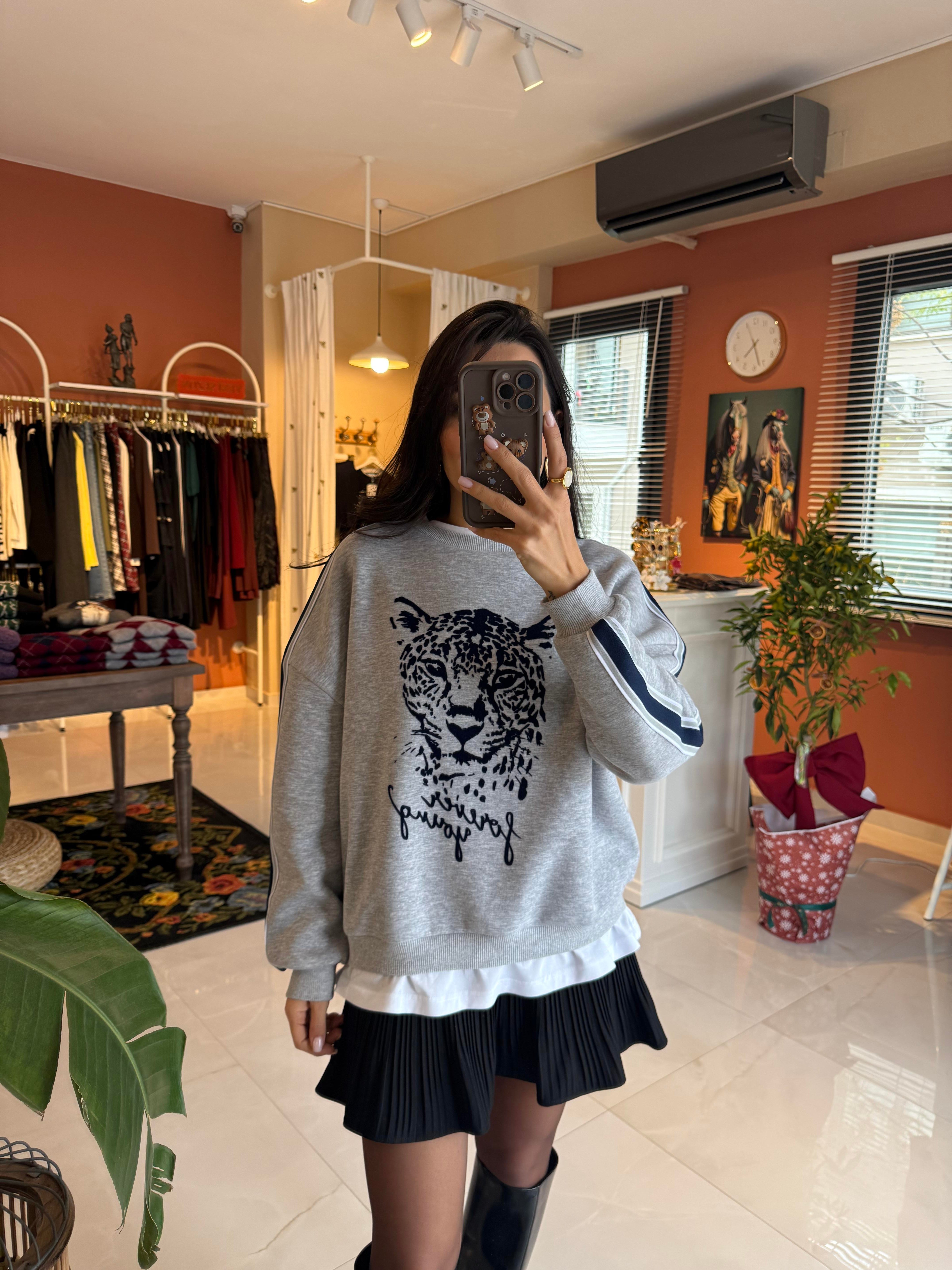 Gri Kaplan Baskılı Tshirt Biyeli Sweatshirt