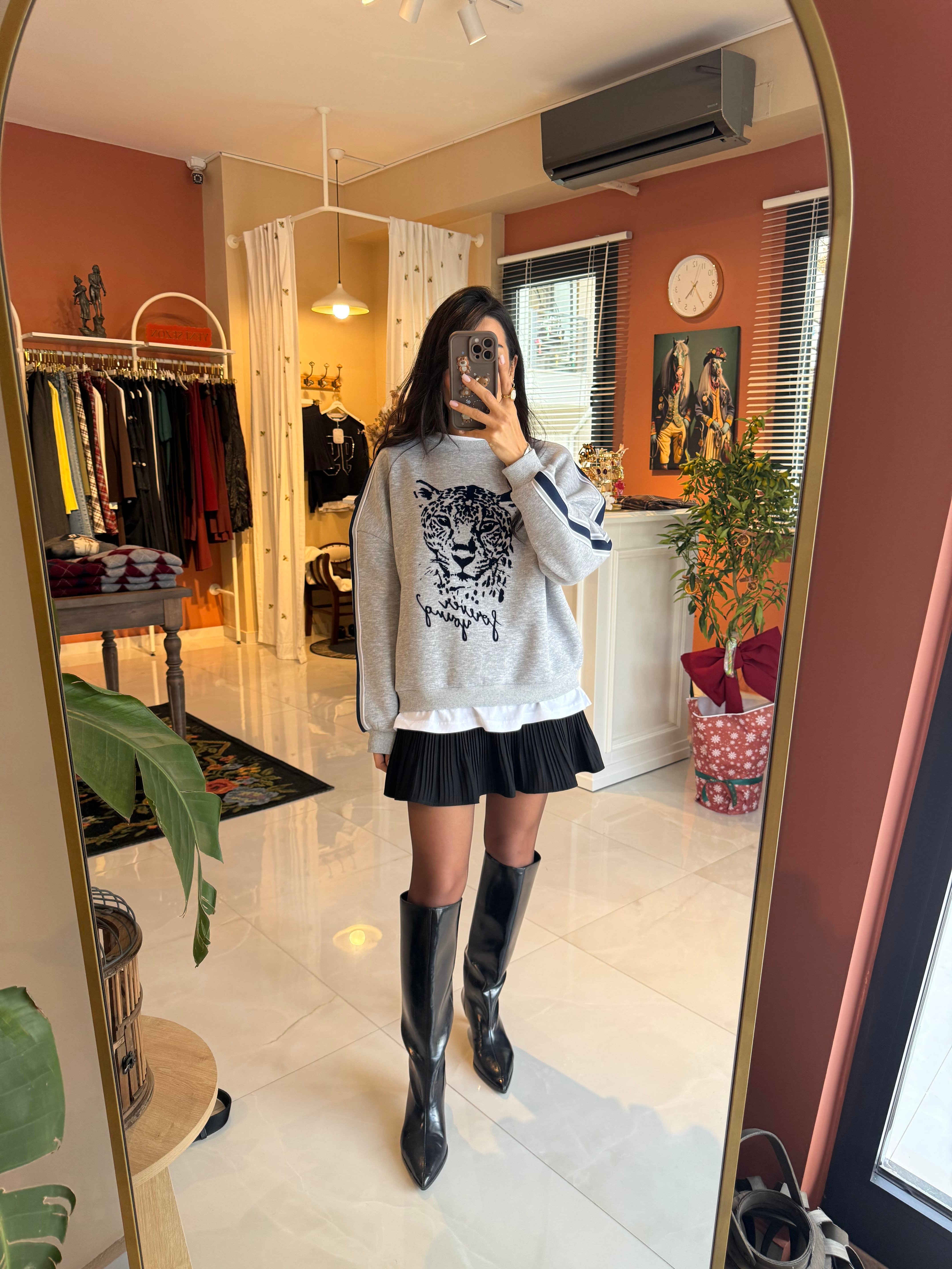 Gri Kaplan Baskılı Tshirt Biyeli Sweatshirt