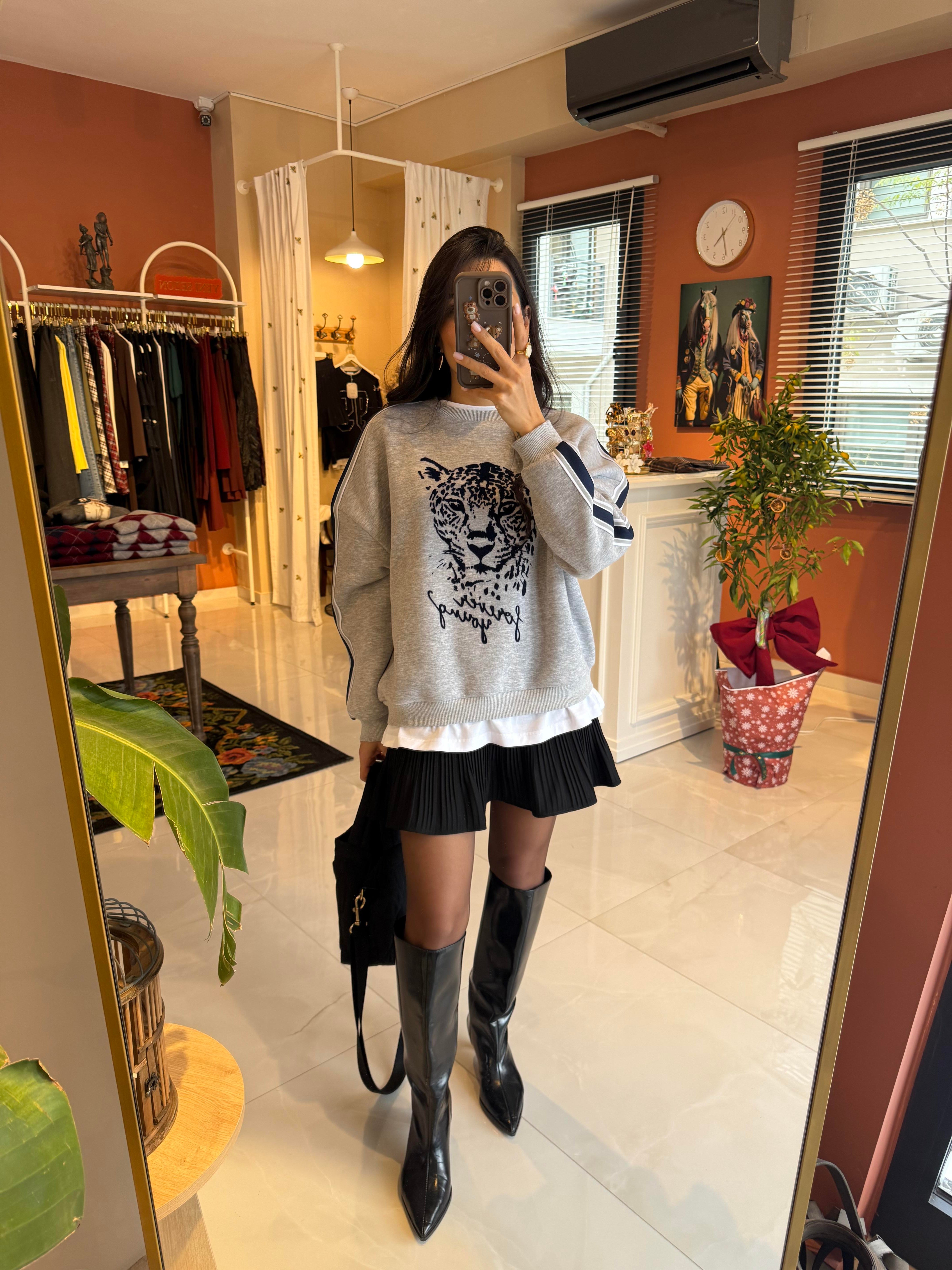 Gri Kaplan Baskılı Tshirt Biyeli Sweatshirt