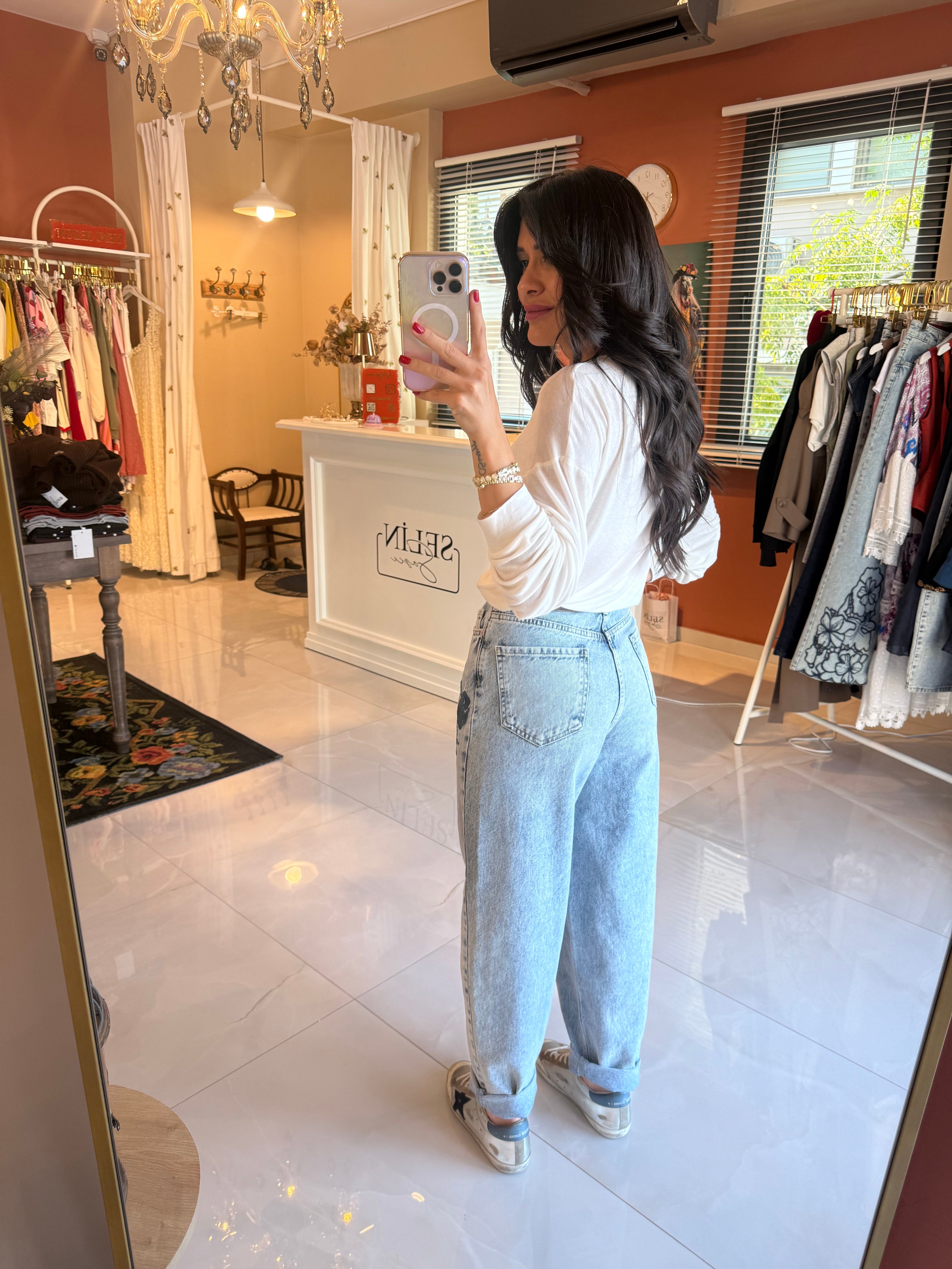 Gül Nakışlı Yüksek Bel Balon Jean Kot Pantolon