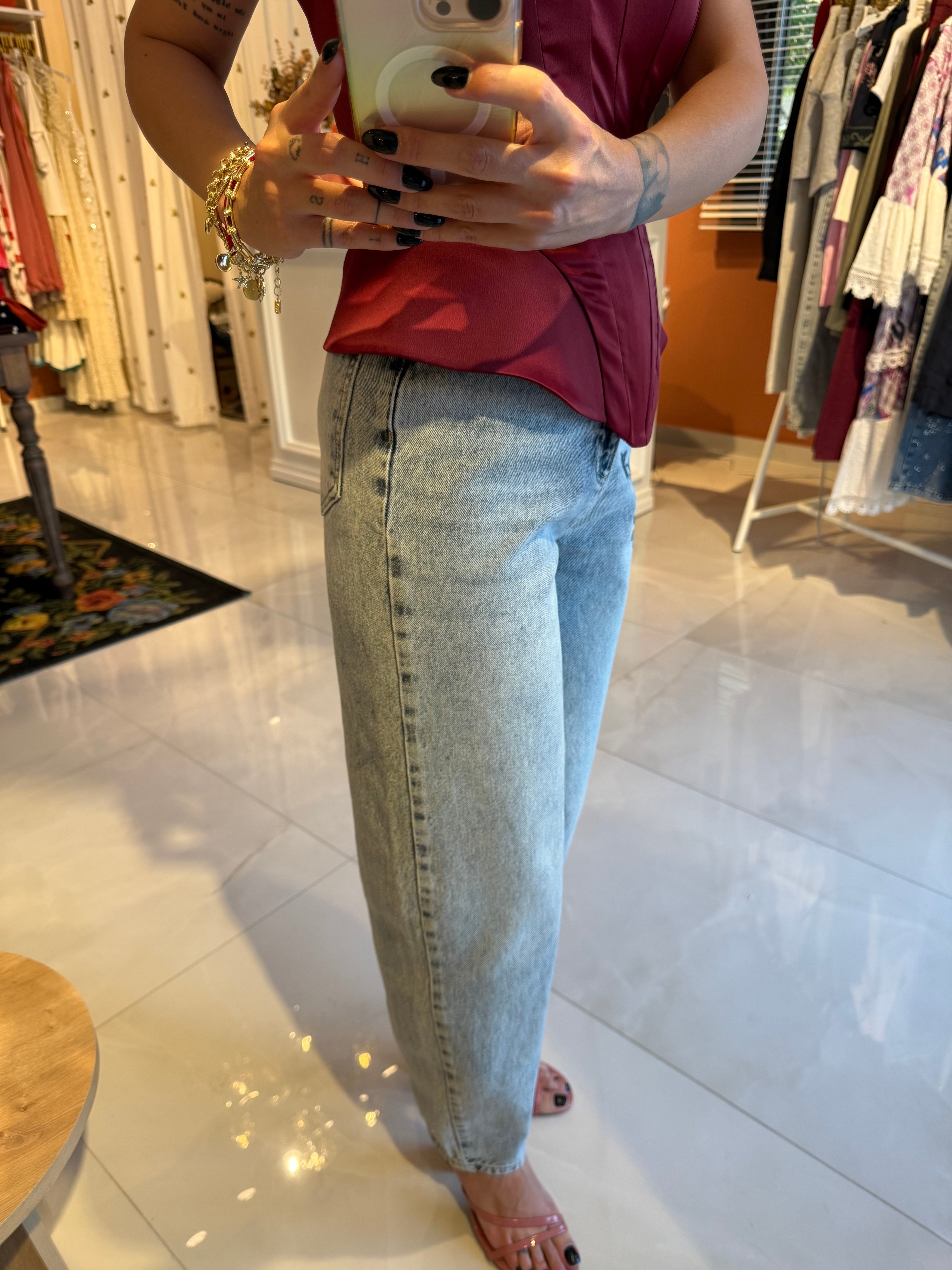 Gül Nakışlı Yüksek Bel Balon Jean Kot Pantolon