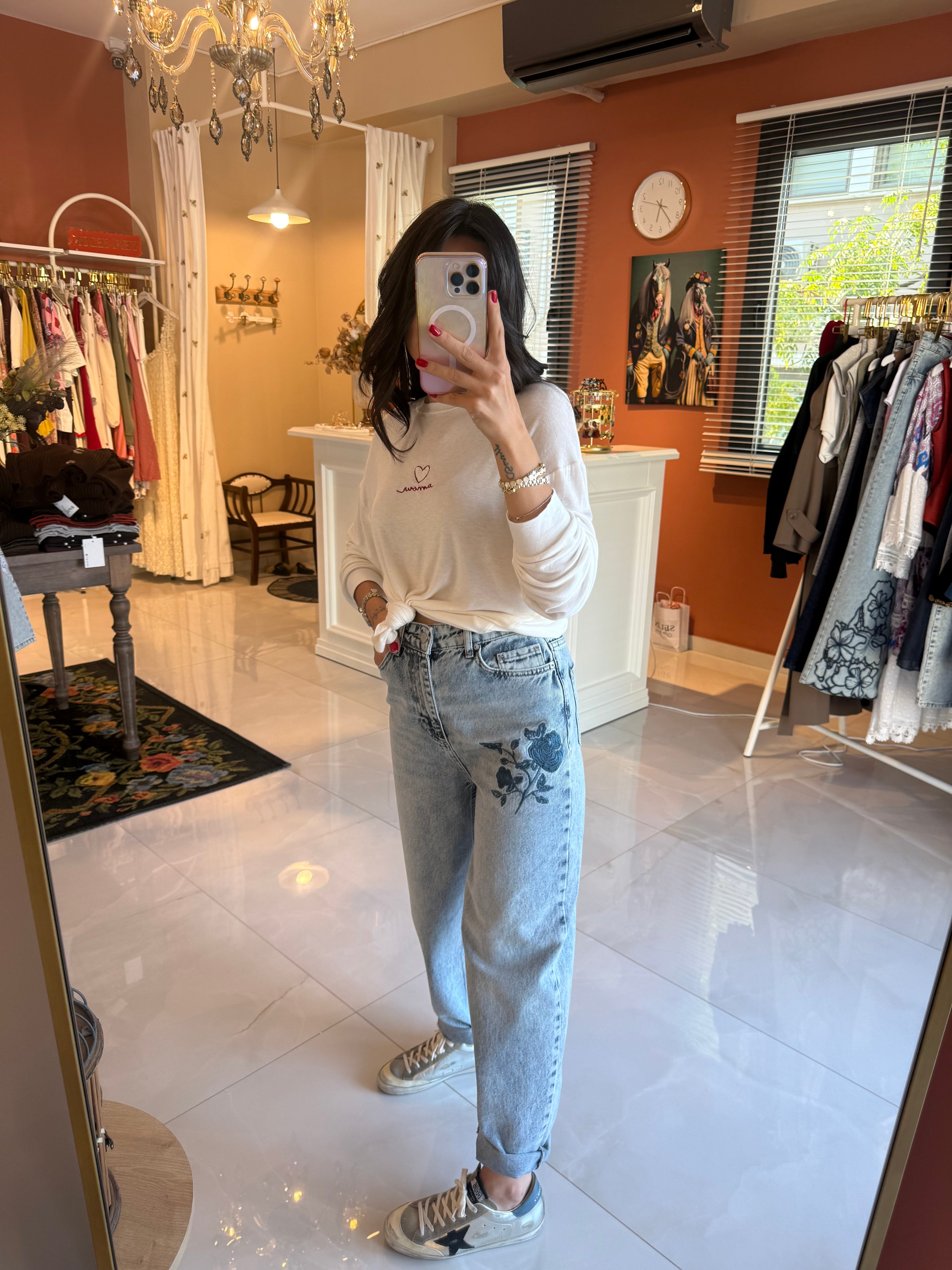 Gül Nakışlı Yüksek Bel Balon Jean Kot Pantolon