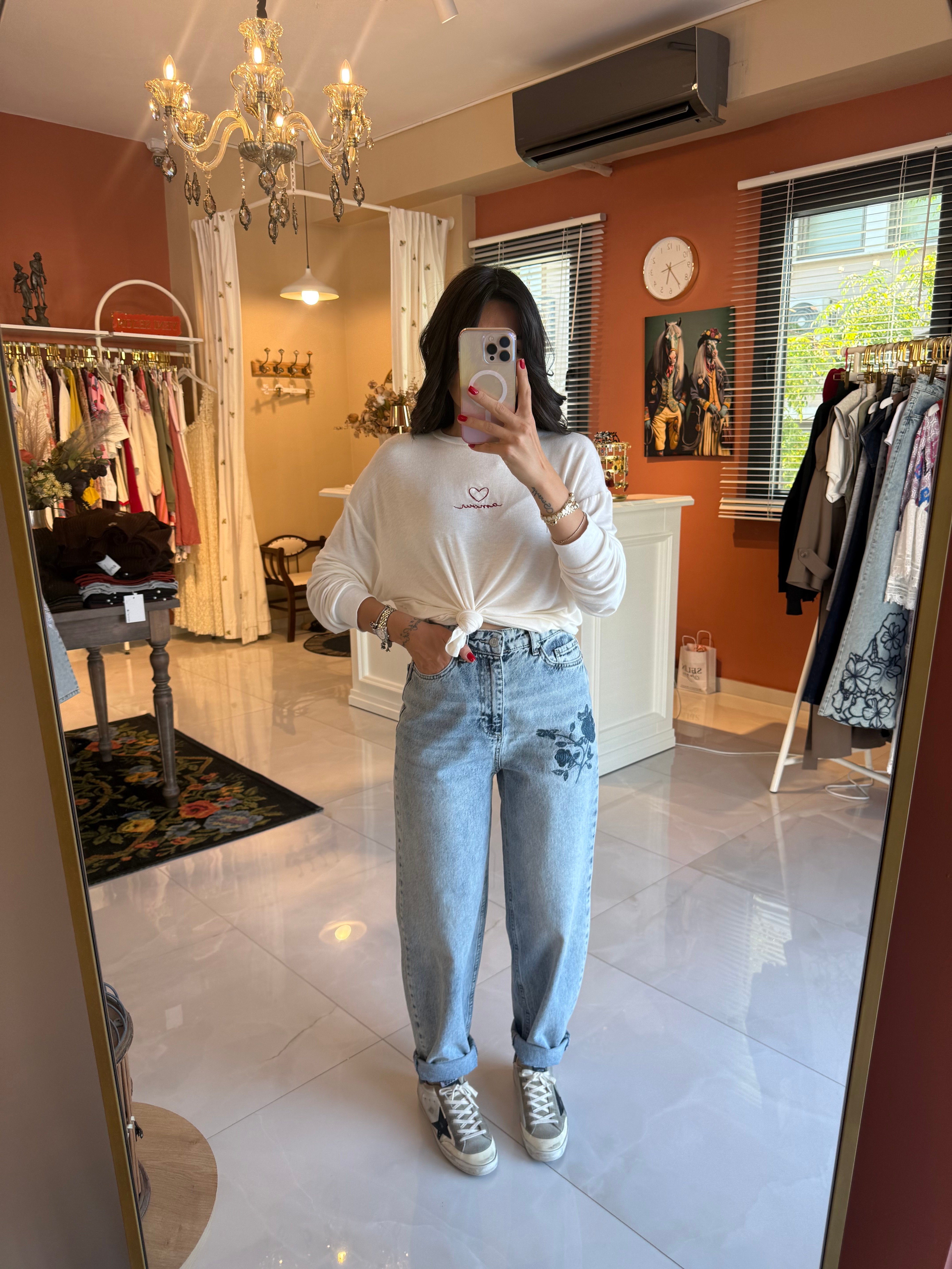 Gül Nakışlı Yüksek Bel Balon Jean Kot Pantolon
