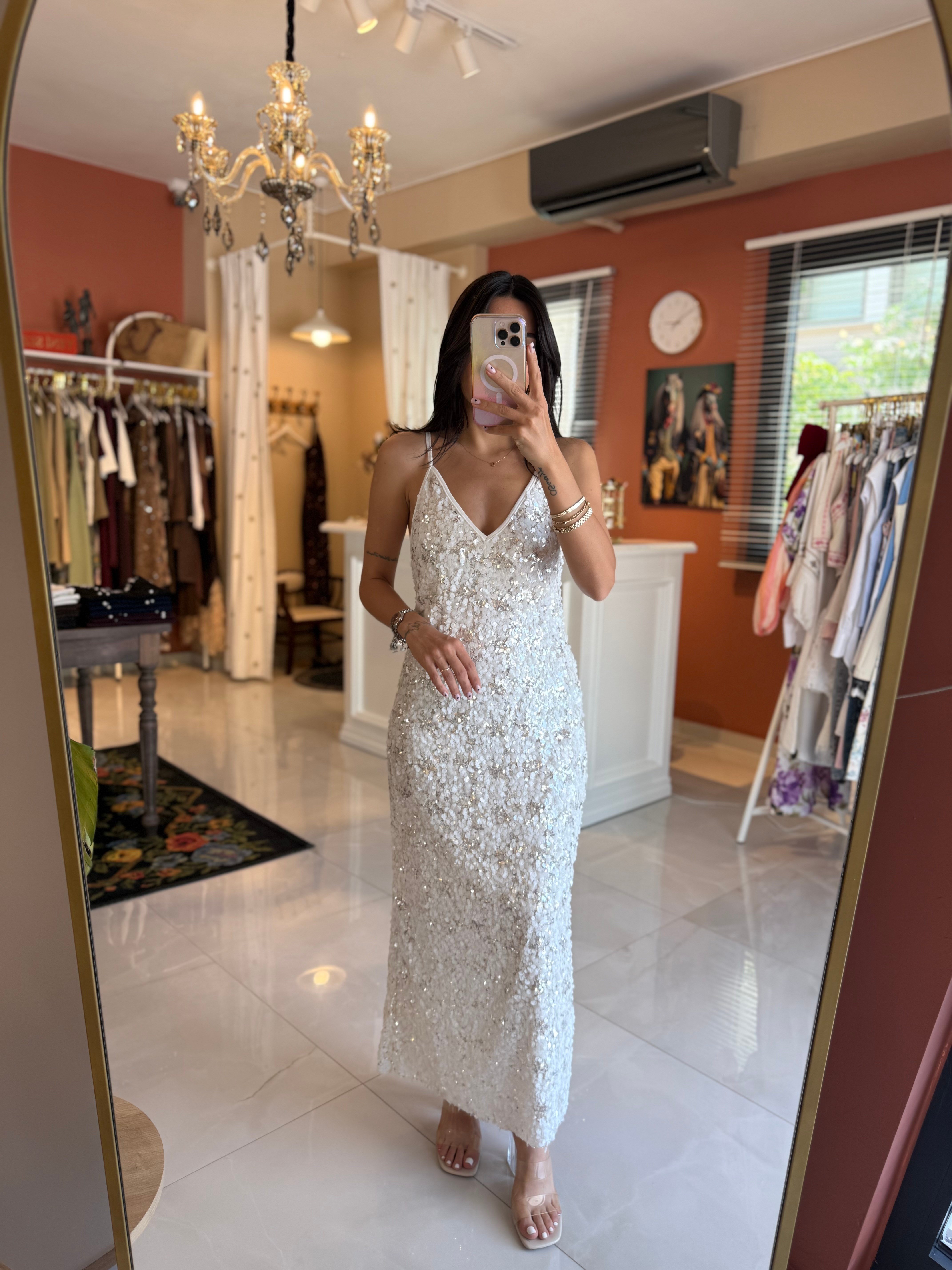 Gümüş Beyaz Maxi Payetli Elbise